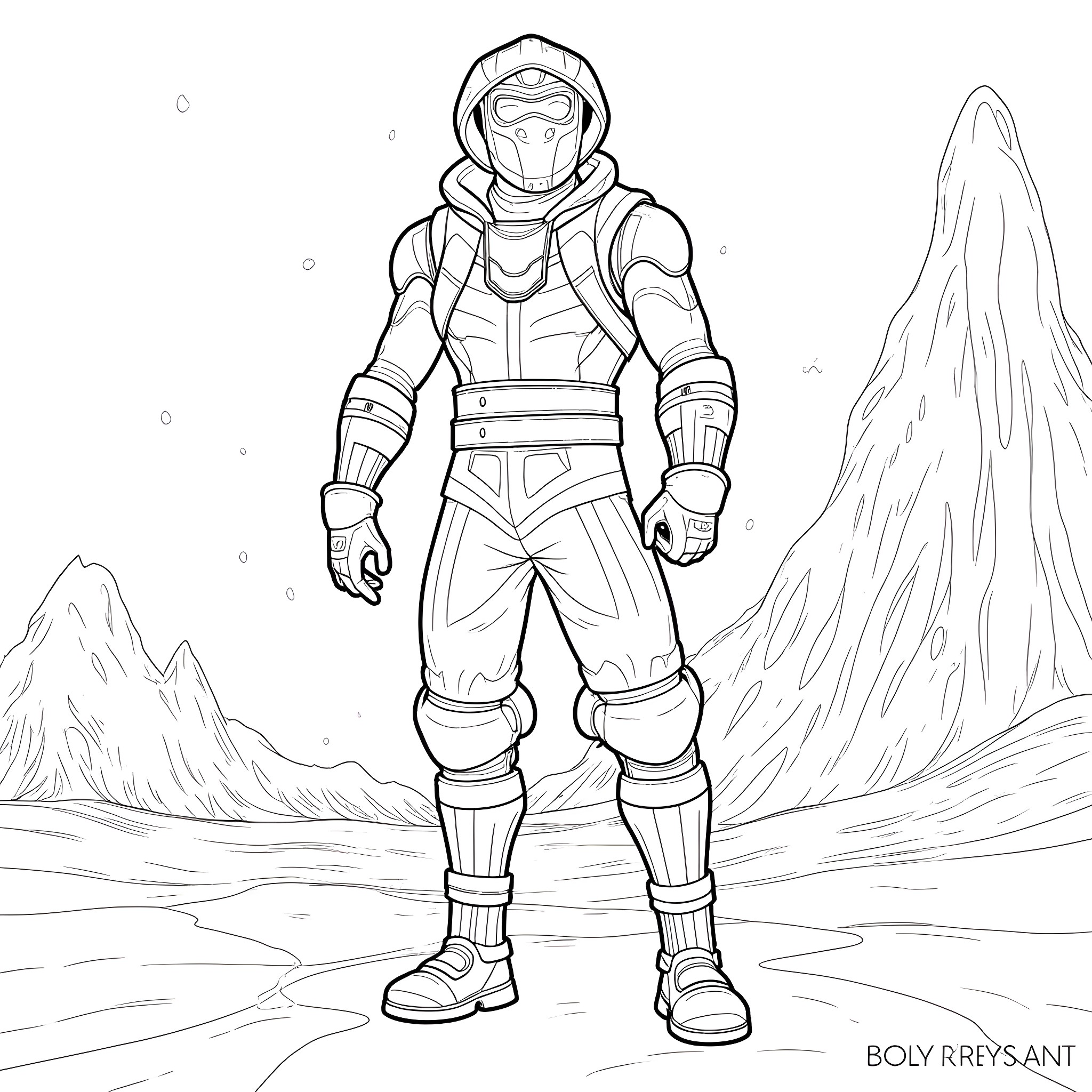 Sub Zero Warrior in Frigid Landscape Coloring Page (free black-and-white line drawing printable PDF for all, from beginners to advanced learners, including children, teens, adults, and seniors)