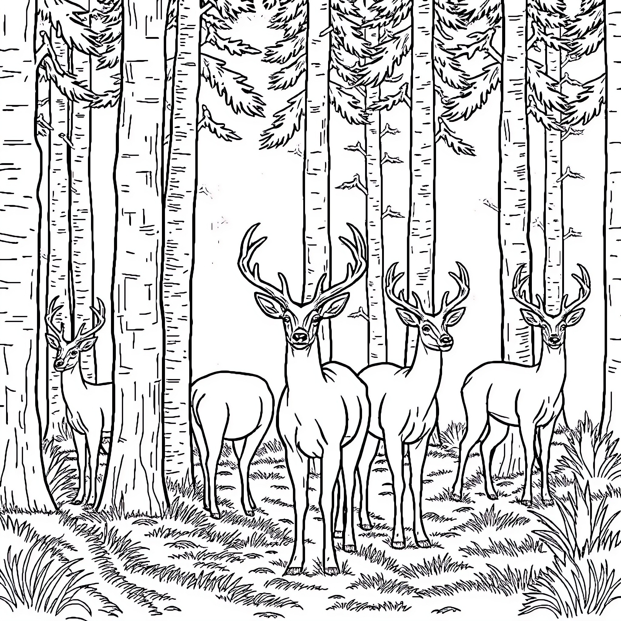 Deer in the Serene Forest Coloring Page (free black-and-white line drawing printable PDF for all, from beginners to advanced learners, including children, teens, adults, and seniors)