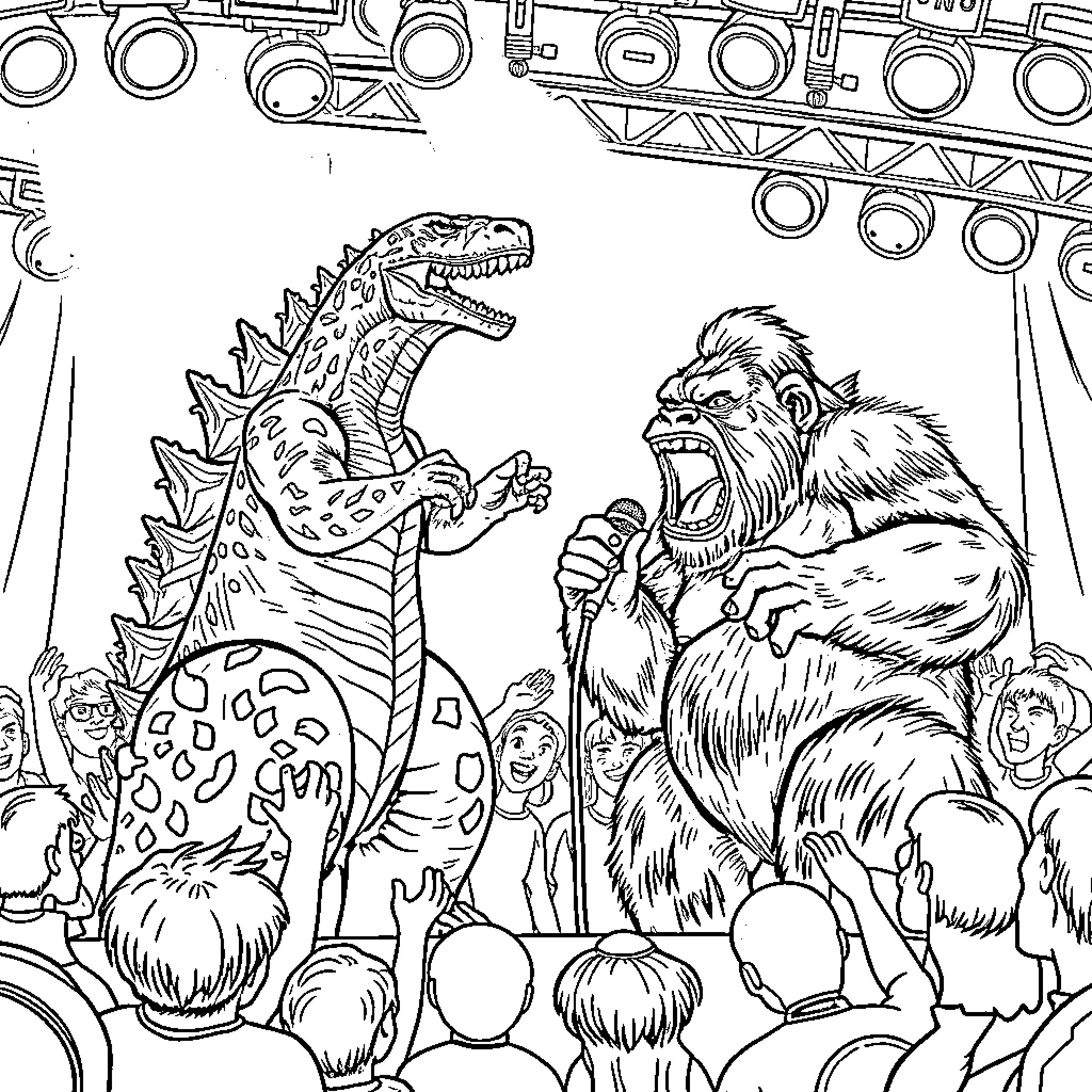 Godzilla and Bigfoot perform on stage with audience Coloring Page (free black-and-white line drawing printable PDF for all, from beginners to advanced learners, including children, teens, adults, and seniors)