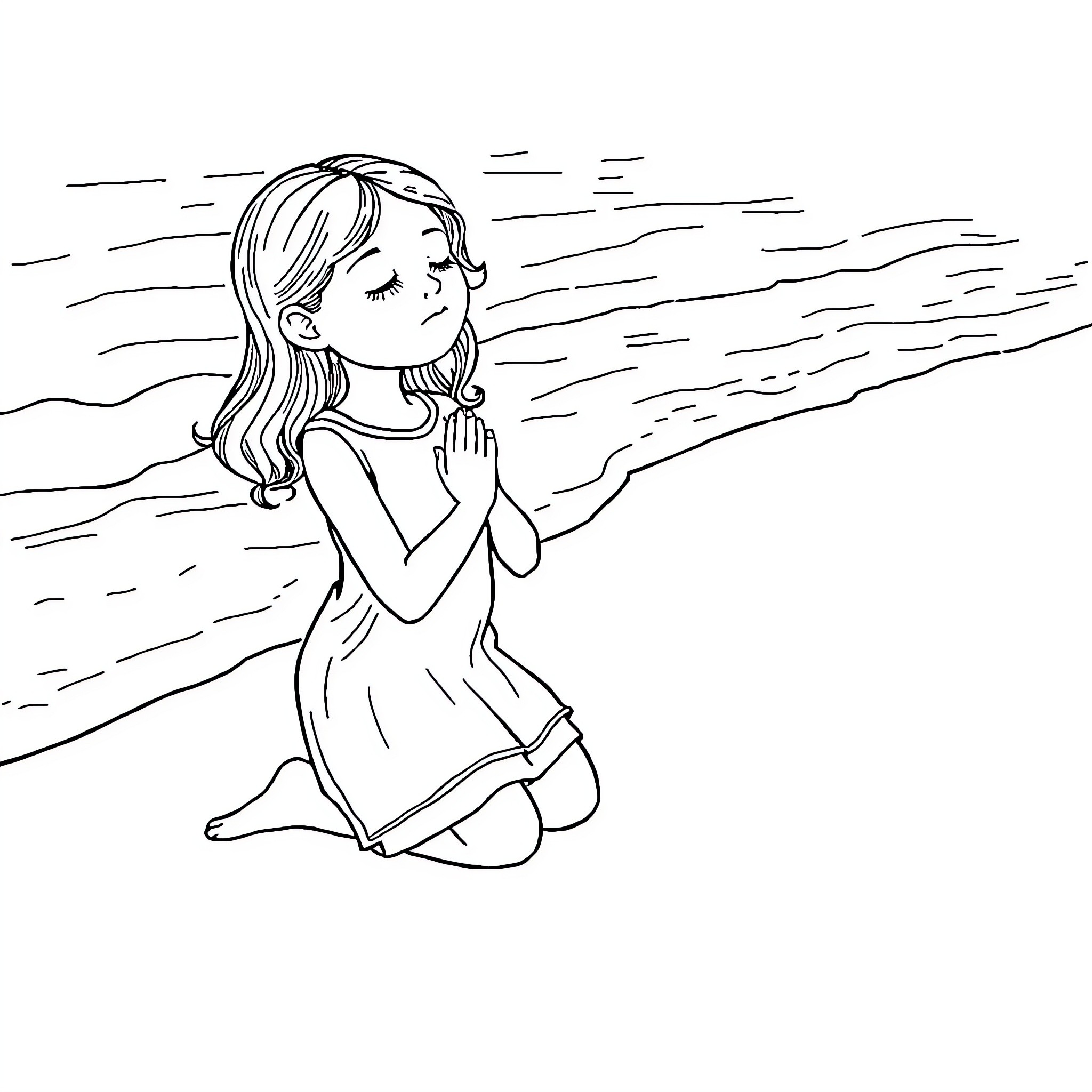 Girl praying peacefully on the beach Coloring Page (free black-and-white line drawing printable PDF for all, from beginners to advanced learners, including children, teens, adults, and seniors)