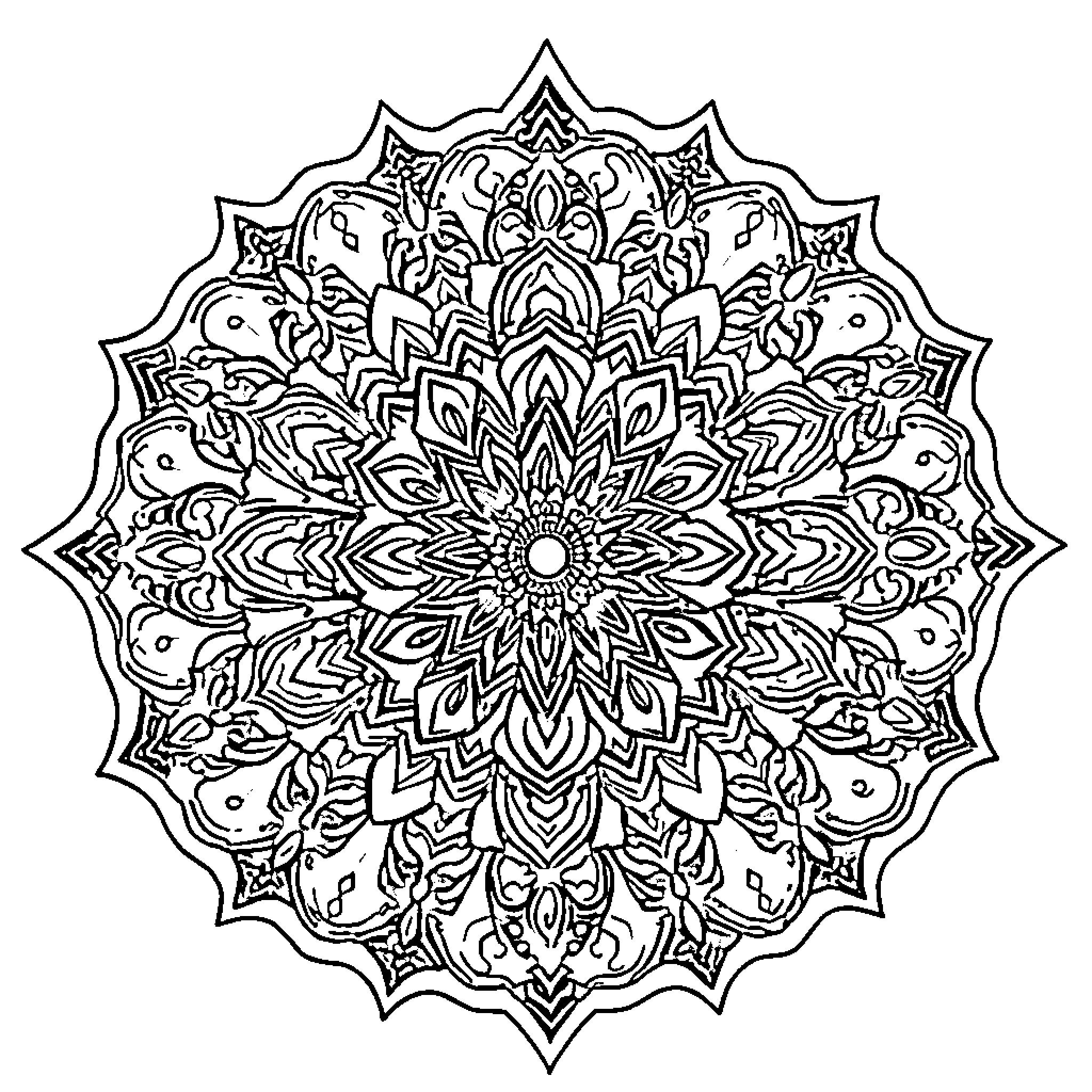 Mandala of intricate floral patterns Coloring Page (free black-and-white line drawing printable PDF for all, from beginners to advanced learners, including children, teens, adults, and seniors)
