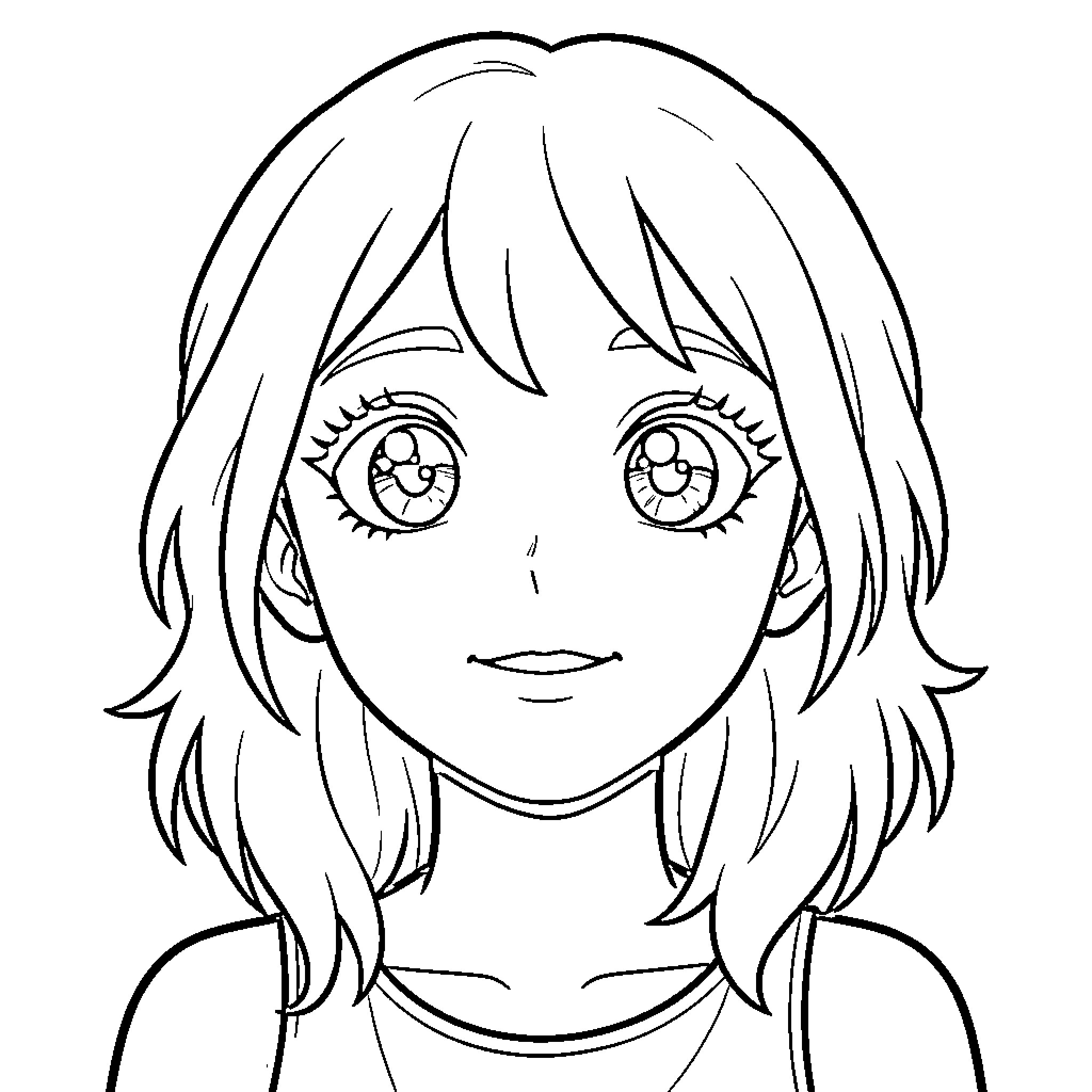 Eye Catching Anime Girl Portrait Coloring Page (free black-and-white line drawing printable PDF for all, from beginners to advanced learners, including children, teens, adults, and seniors)