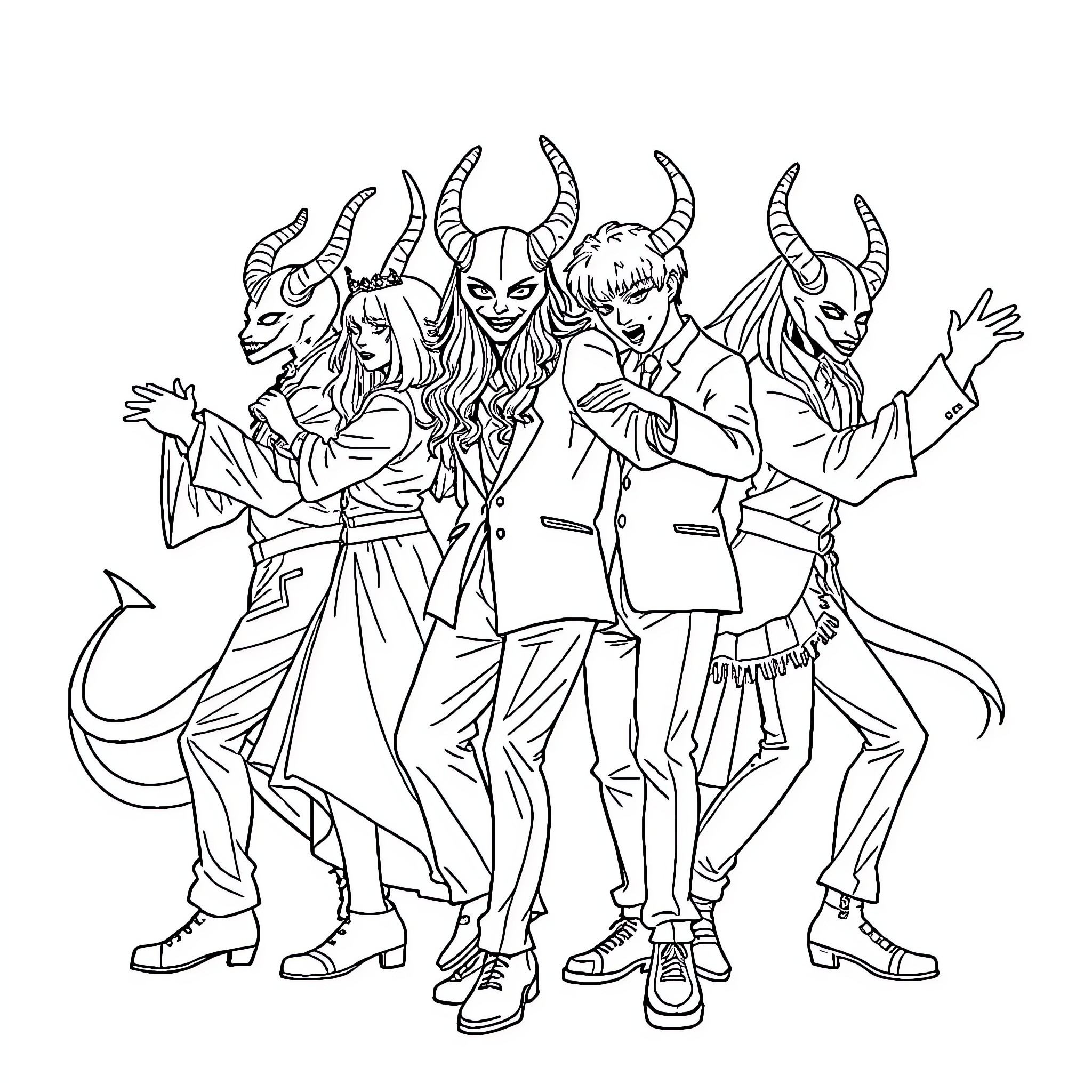 Demon Hunters: A Monstrous Masquerade Coloring Page (free black-and-white line drawing printable PDF for all, from beginners to advanced learners, including children, teens, adults, and seniors)