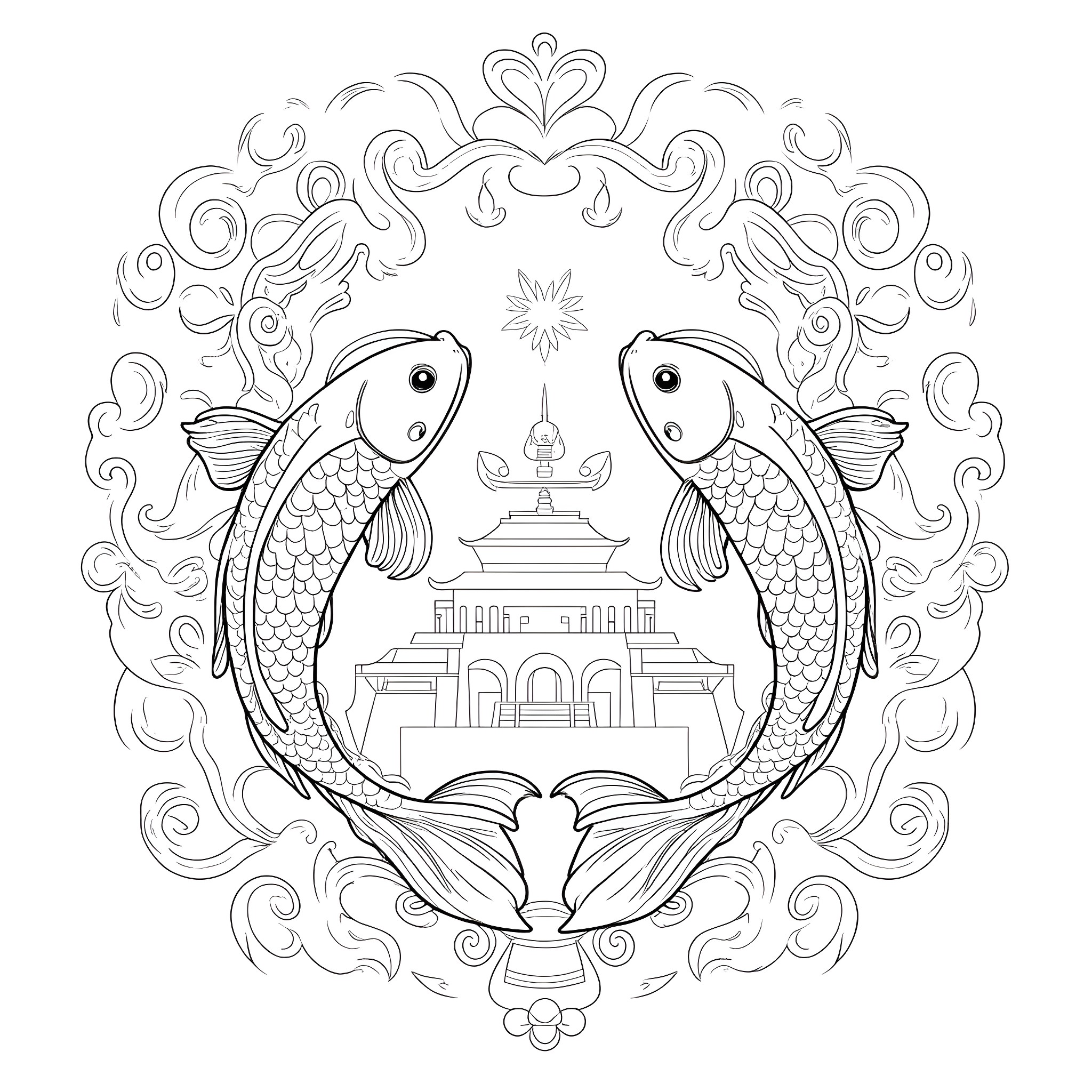 Koi Fish Swimming Gracefully Around Ornate Palace Coloring Page (free black-and-white line drawing printable PDF for all, from beginners to advanced learners, including children, teens, adults, and seniors)