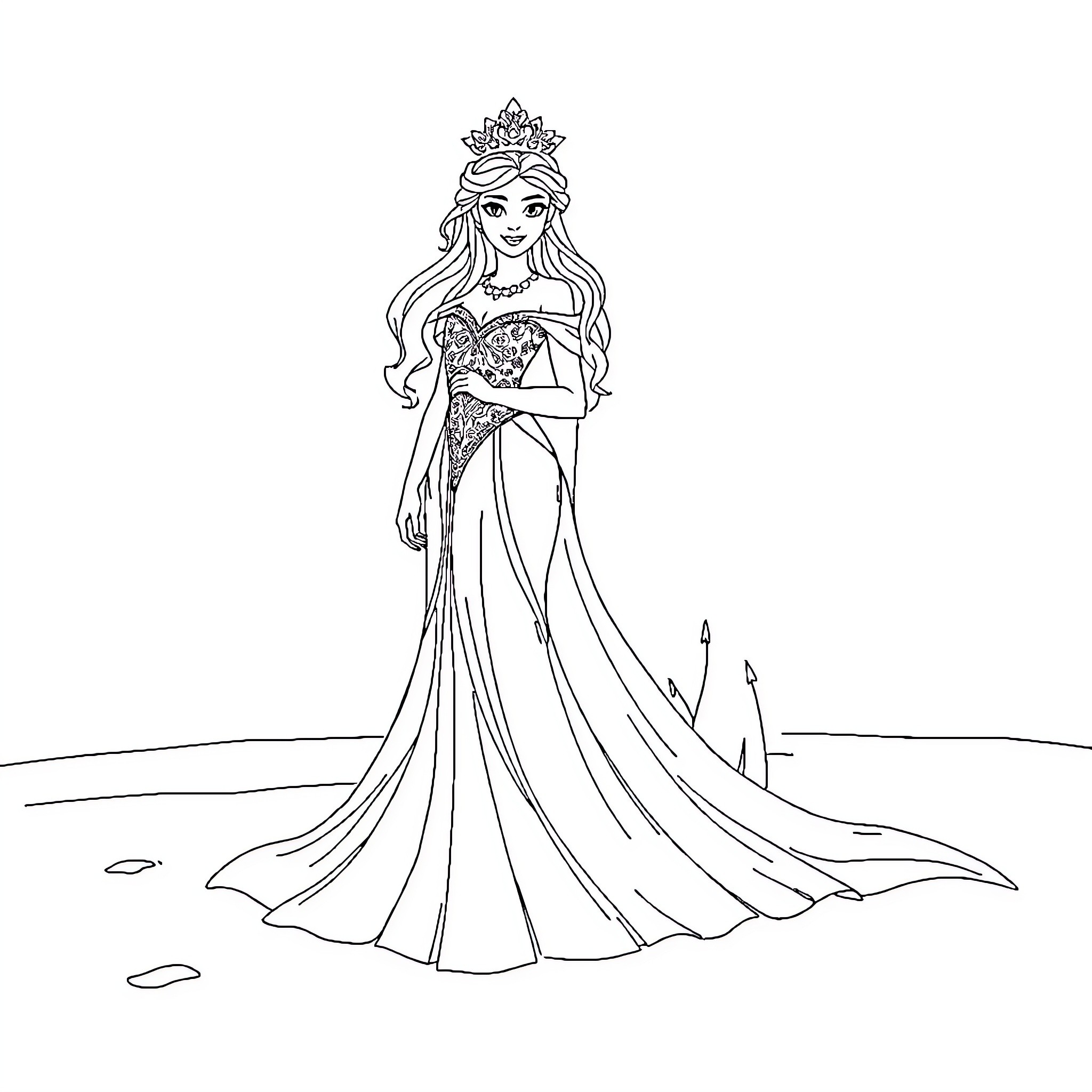 Snow Queen in Regal Attire and Elegant Pose Coloring Page (free black-and-white line drawing printable PDF for all, from beginners to advanced learners, including children, teens, adults, and seniors)