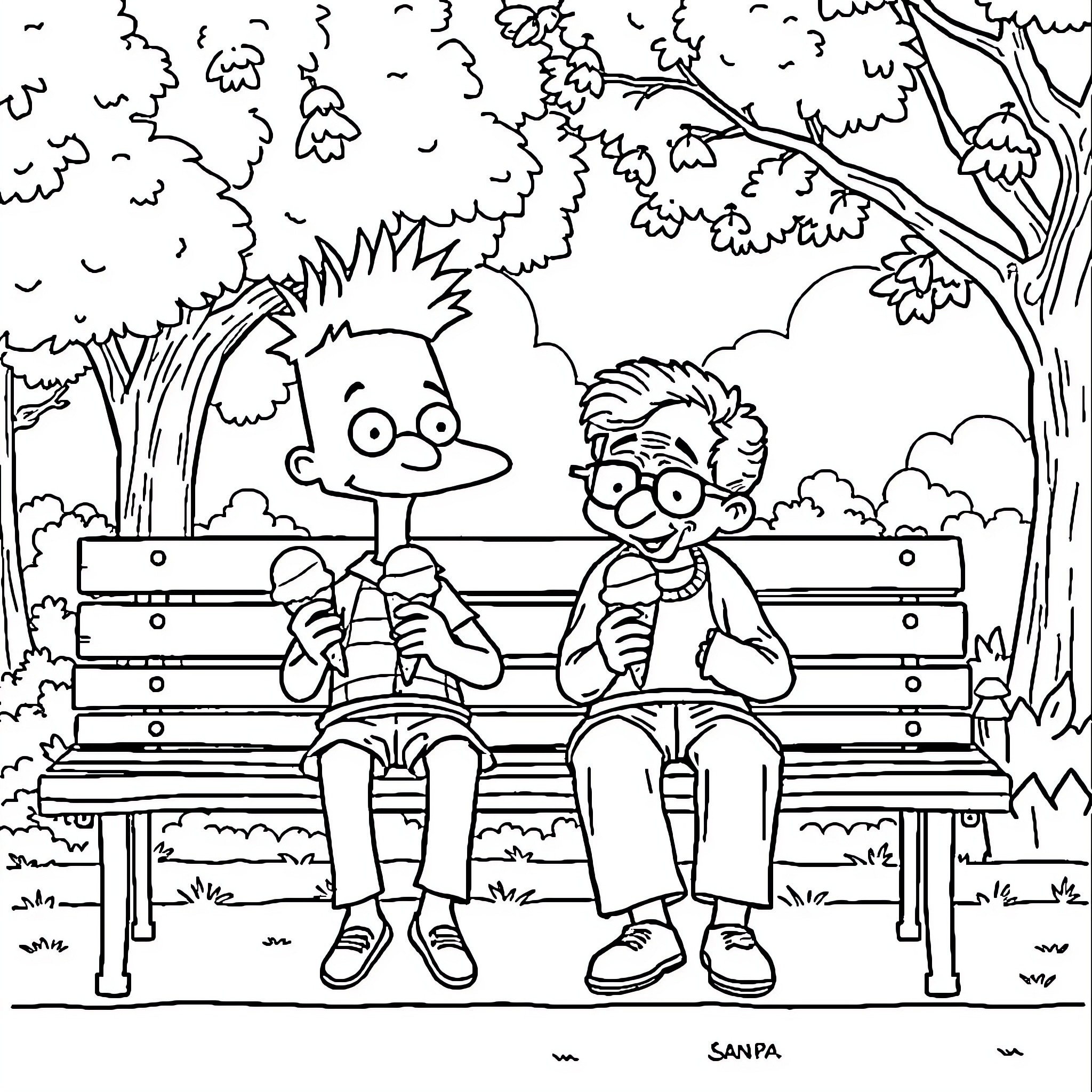 Hey Arnold! Friends enjoying a day in the park Coloring Page (free black-and-white line drawing printable PDF for all, from beginners to advanced learners, including children, teens, adults, and seniors)