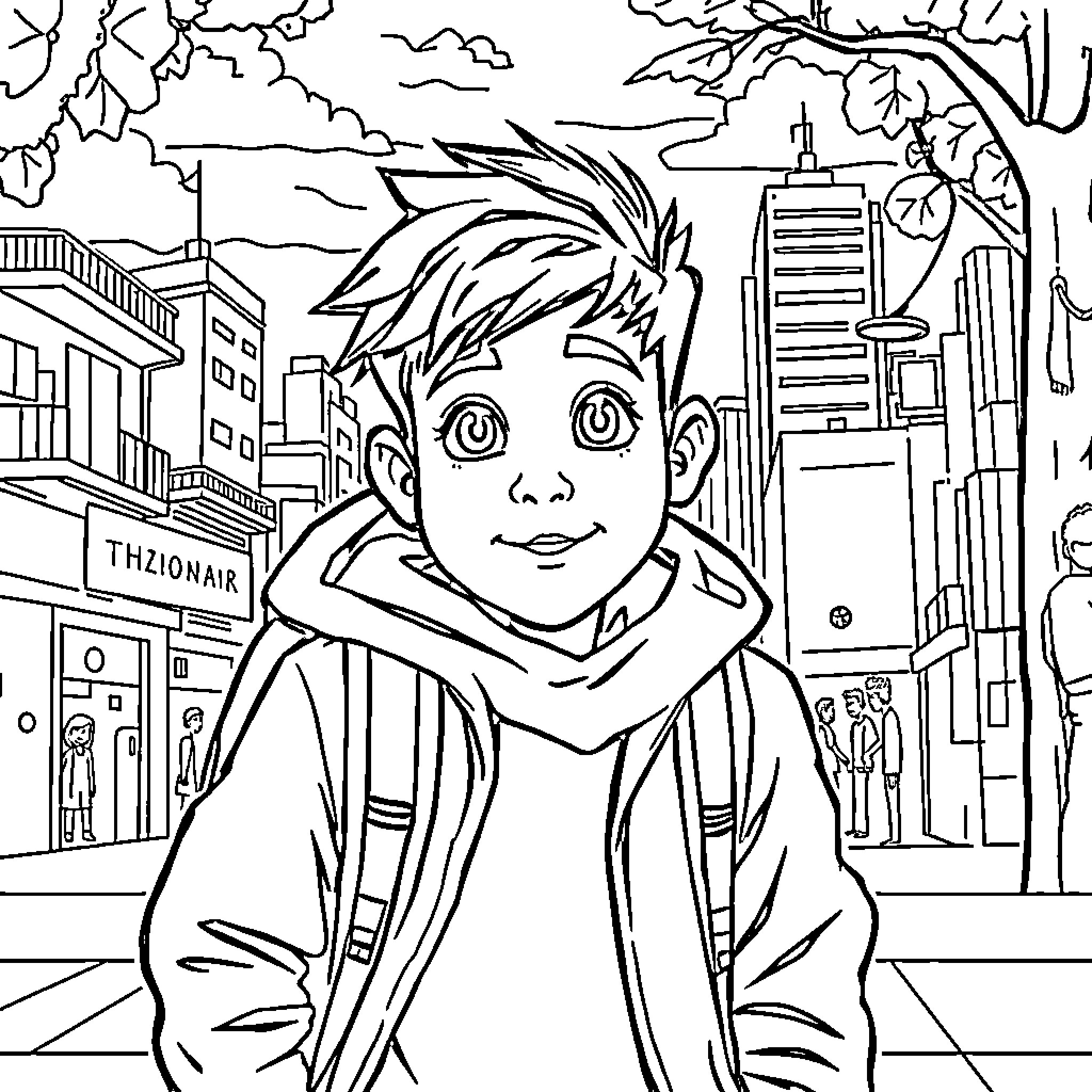 Econio Expressive Boy in City Landscape Coloring Page (free black-and-white line drawing printable PDF for all, from beginners to advanced learners, including children, teens, adults, and seniors)