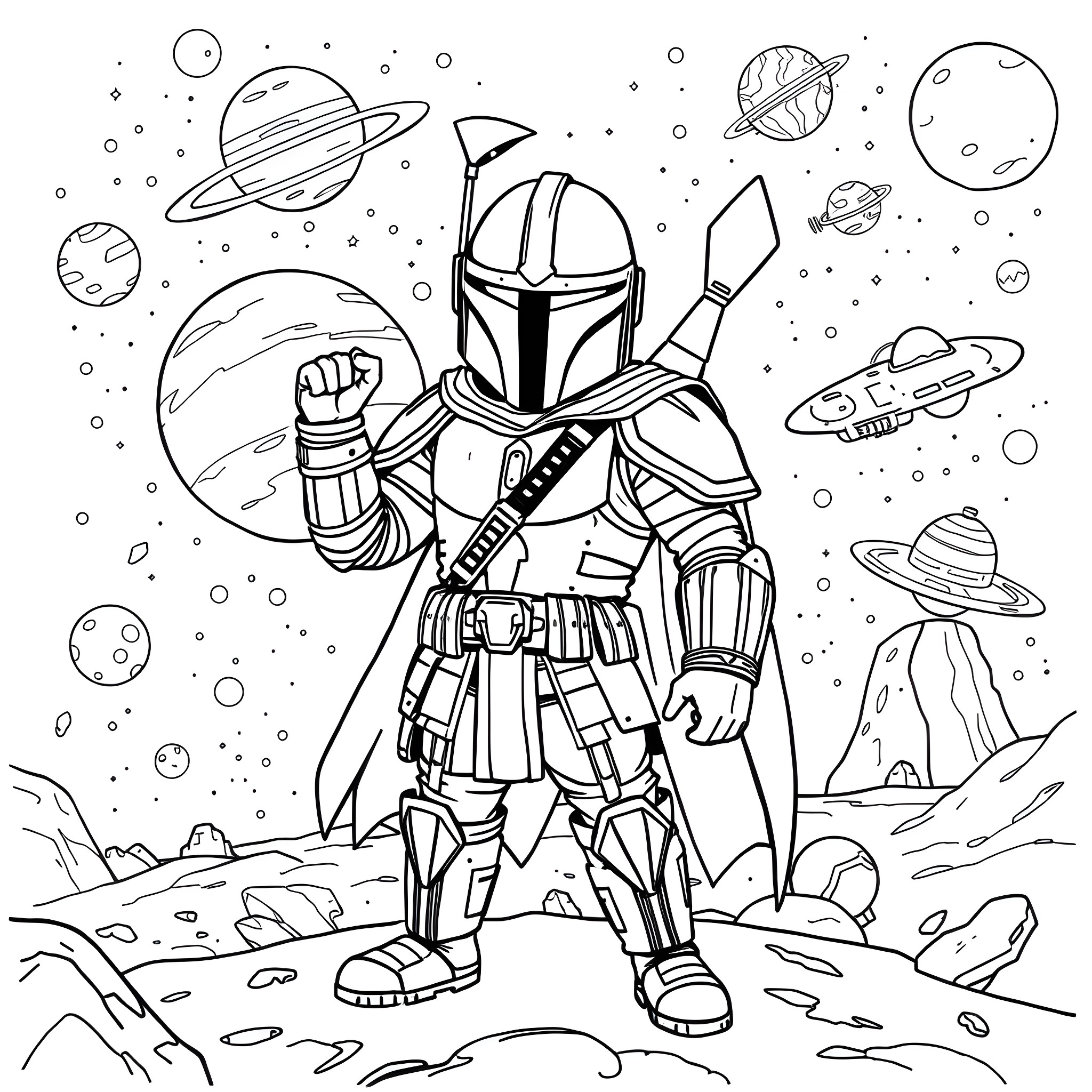Mandalorian warrior in space exploration Coloring Page (free black-and-white line drawing printable PDF for all, from beginners to advanced learners, including children, teens, adults, and seniors)