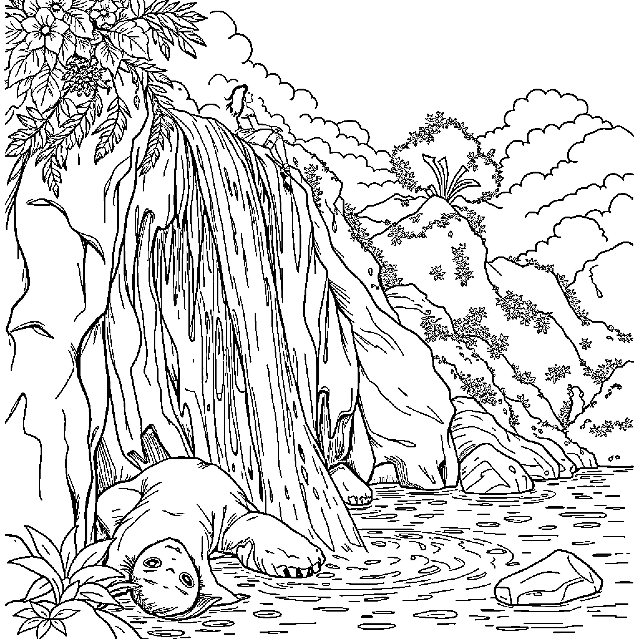 Persona of a tranquil waterfall landscape Coloring Page (free black-and-white line drawing printable PDF for all, from beginners to advanced learners, including children, teens, adults, and seniors)