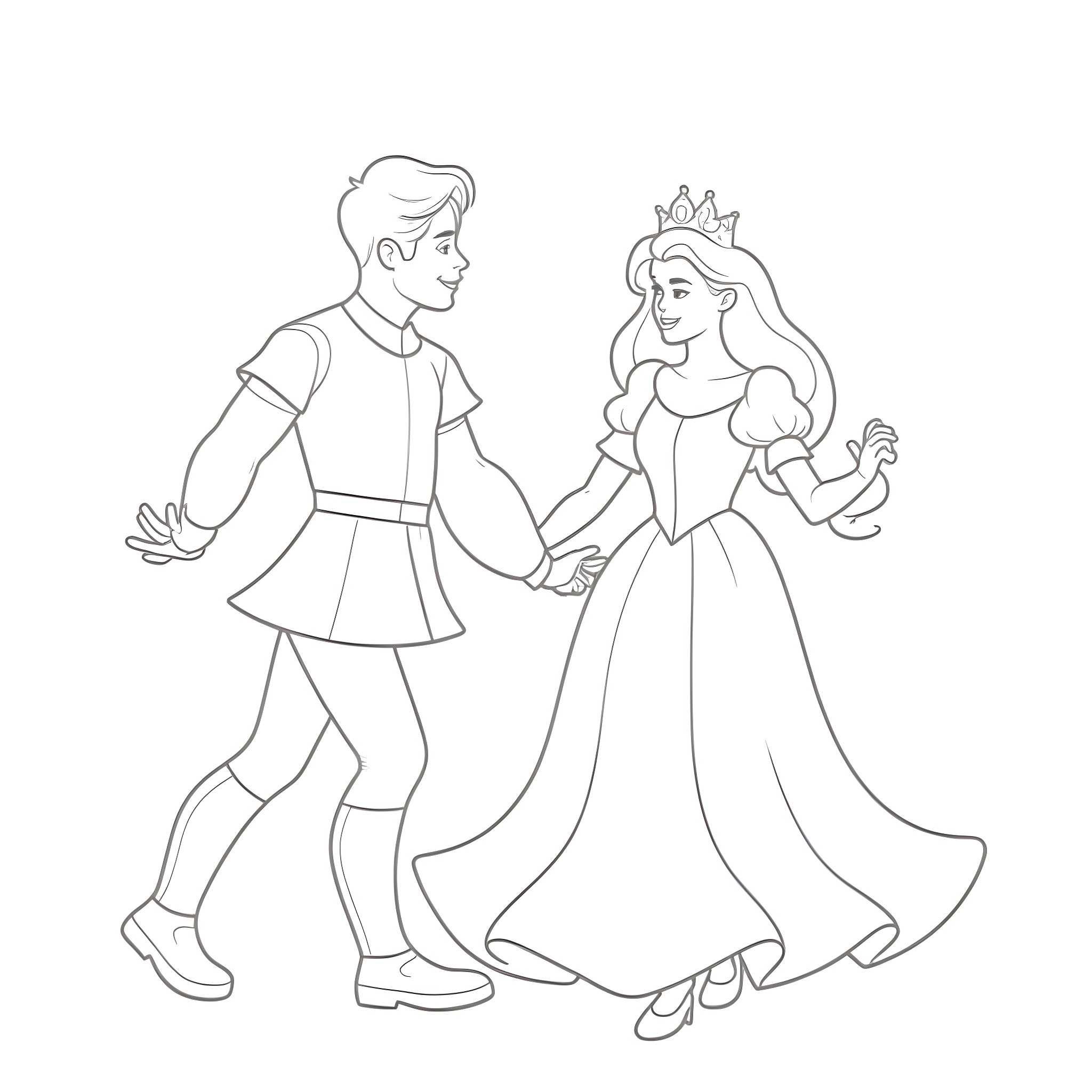 Prince Charming and Princess Gracefully Dancing Coloring Page (free black-and-white line drawing printable PDF for all, from beginners to advanced learners, including children, teens, adults, and seniors)
