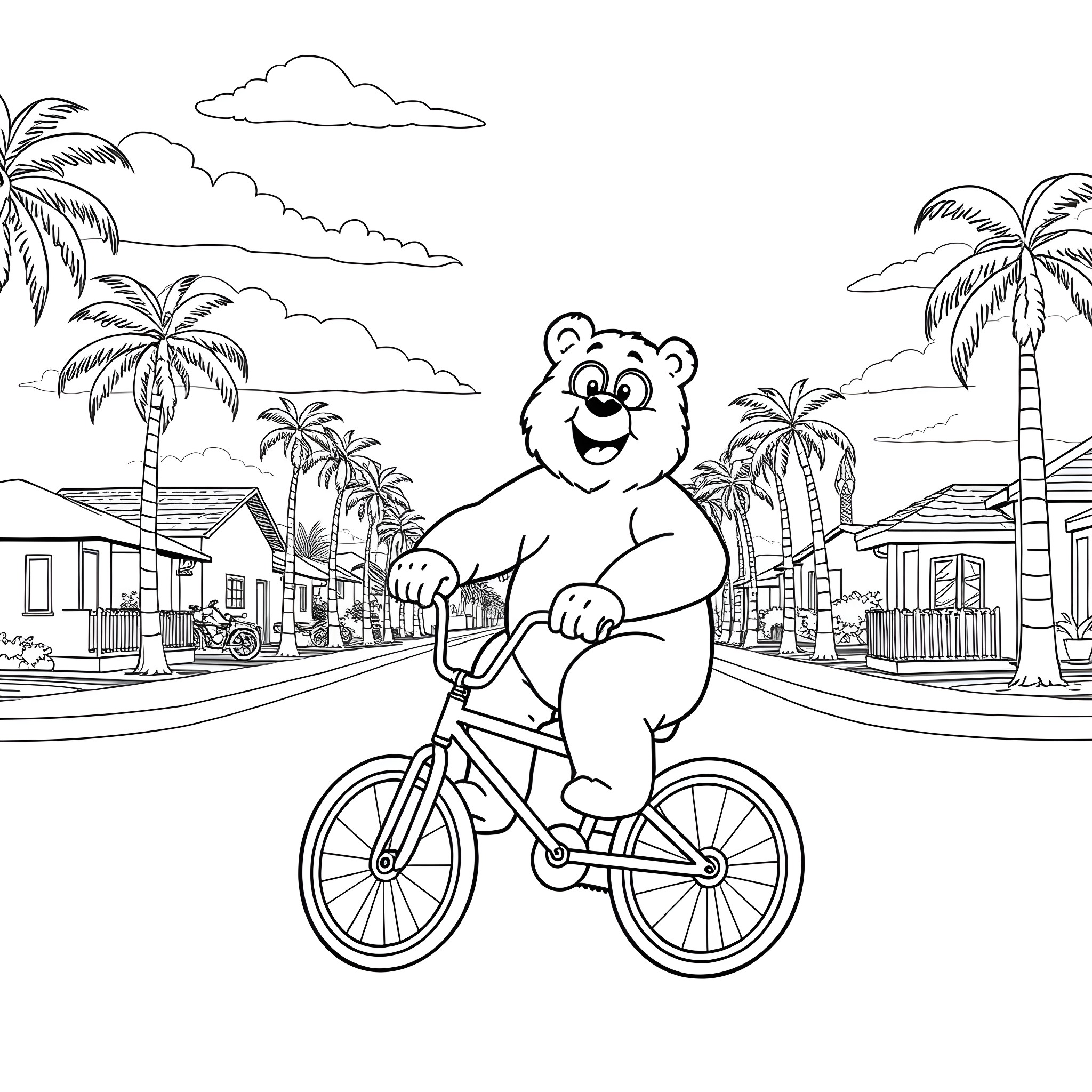 Icee Bear enjoying a bike ride in a tropical town Coloring Page (free black-and-white line drawing printable PDF for all, from beginners to advanced learners, including children, teens, adults, and seniors)