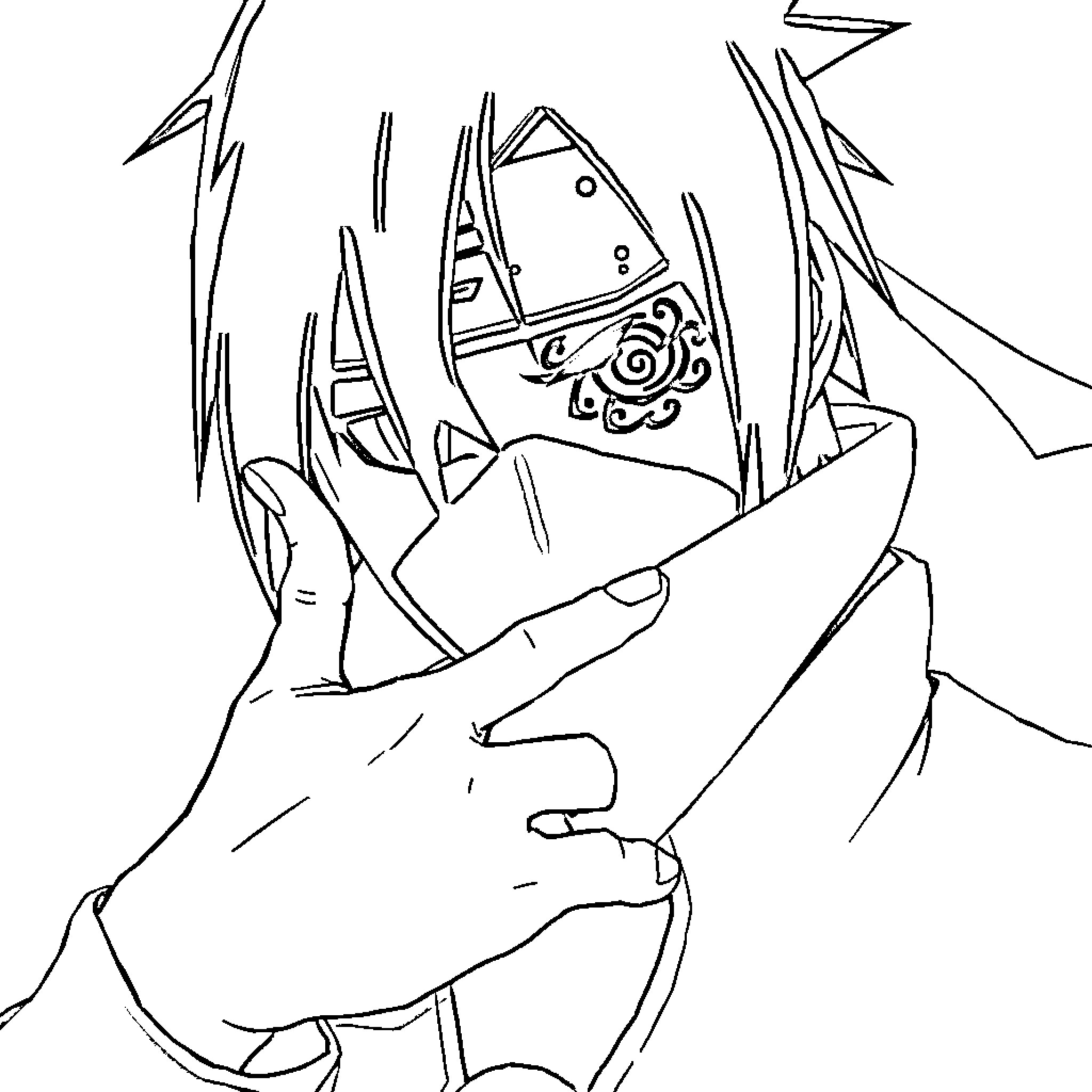 Itachi Uchiha in Intense Moment of Action Coloring Page (free black-and-white line drawing printable PDF for all, from beginners to advanced learners, including children, teens, adults, and seniors)