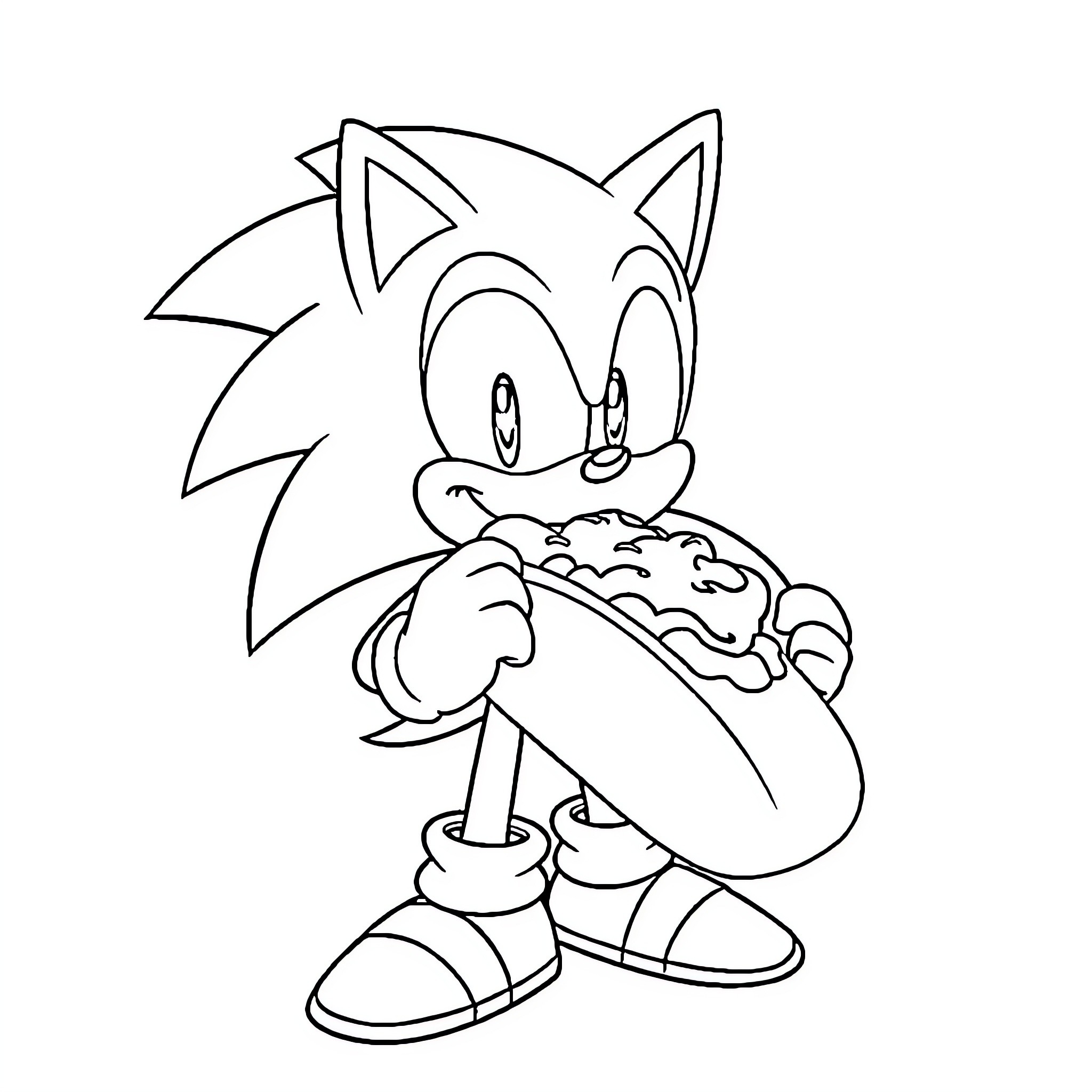 Sonic enjoying a tasty treat Coloring Page (free black-and-white line drawing printable PDF for all, from beginners to advanced learners, including children, teens, adults, and seniors)