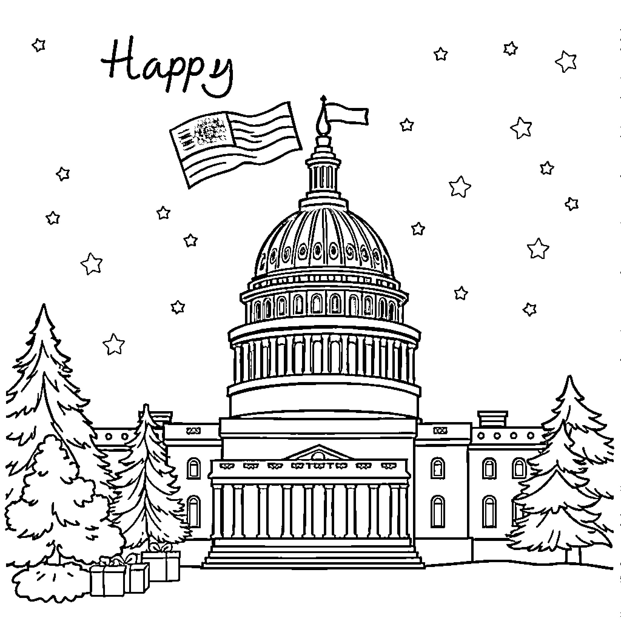 Christmas Card of US Capitol Building in Winter Coloring Page (free black-and-white line drawing printable PDF for all, from beginners to advanced learners, including children, teens, adults, and seniors)