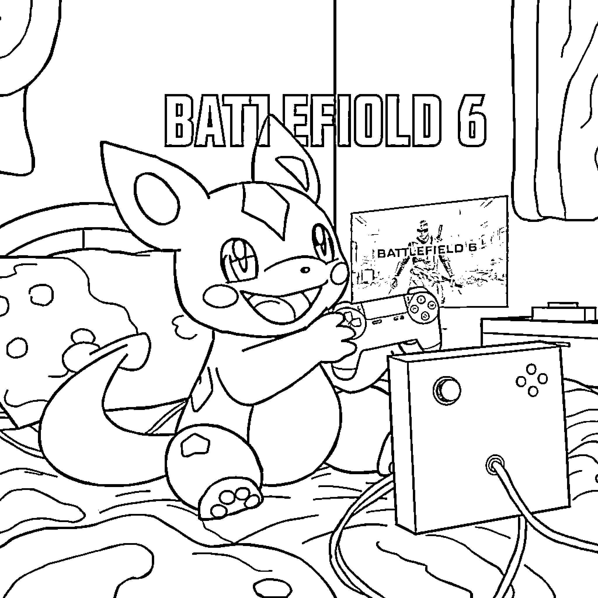Cubone playing with Battlefield 6 video game Coloring Page (free black-and-white line drawing printable PDF for all, from beginners to advanced learners, including children, teens, adults, and seniors)