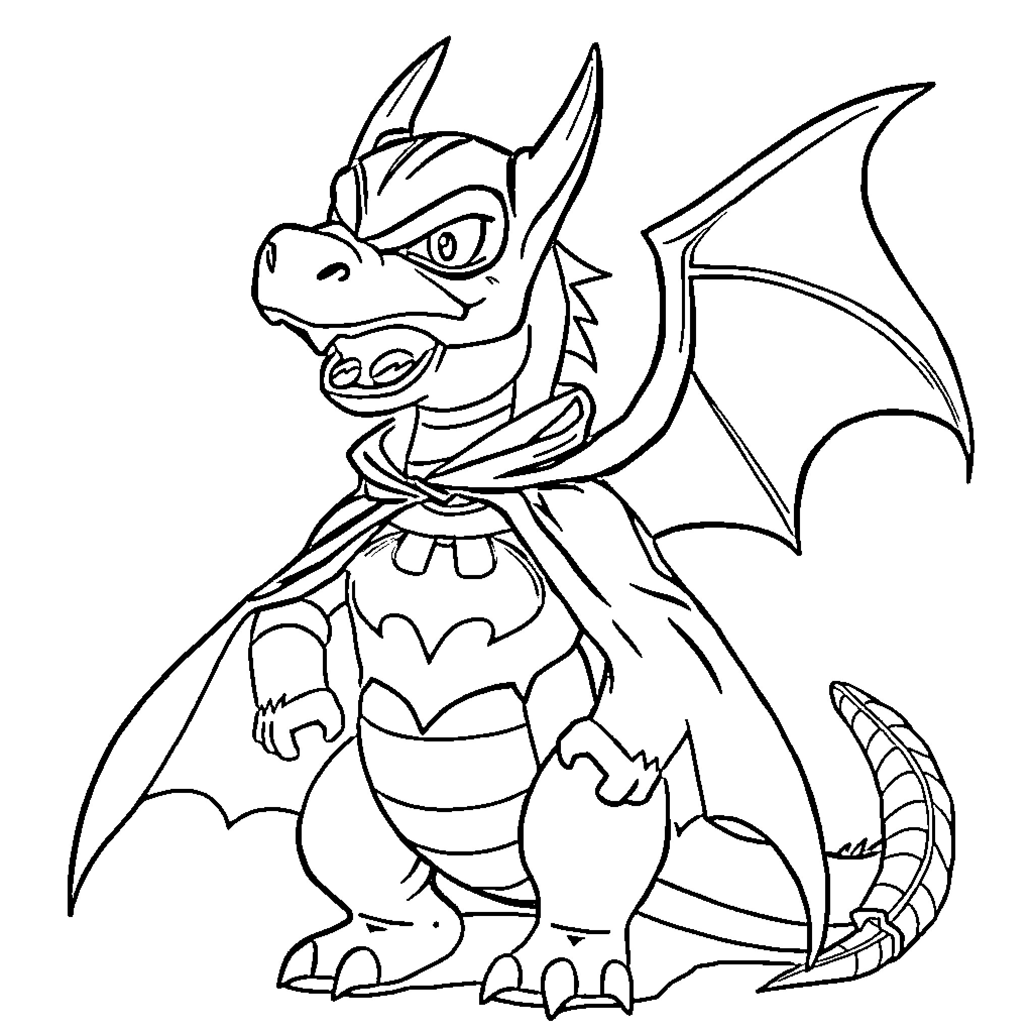 Dragon with bat-like wings and a bat symbol Coloring Page (free black-and-white line drawing printable PDF for all, from beginners to advanced learners, including children, teens, adults, and seniors)