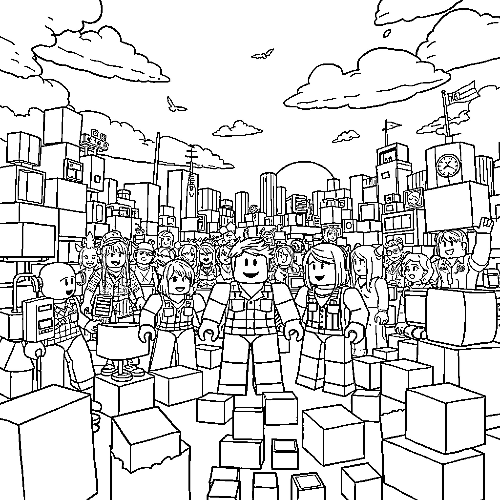 Roblox Characters Explore Vibrant Virtual City Coloring Page (free black-and-white line drawing printable PDF for all, from beginners to advanced learners, including children, teens, adults, and seniors)