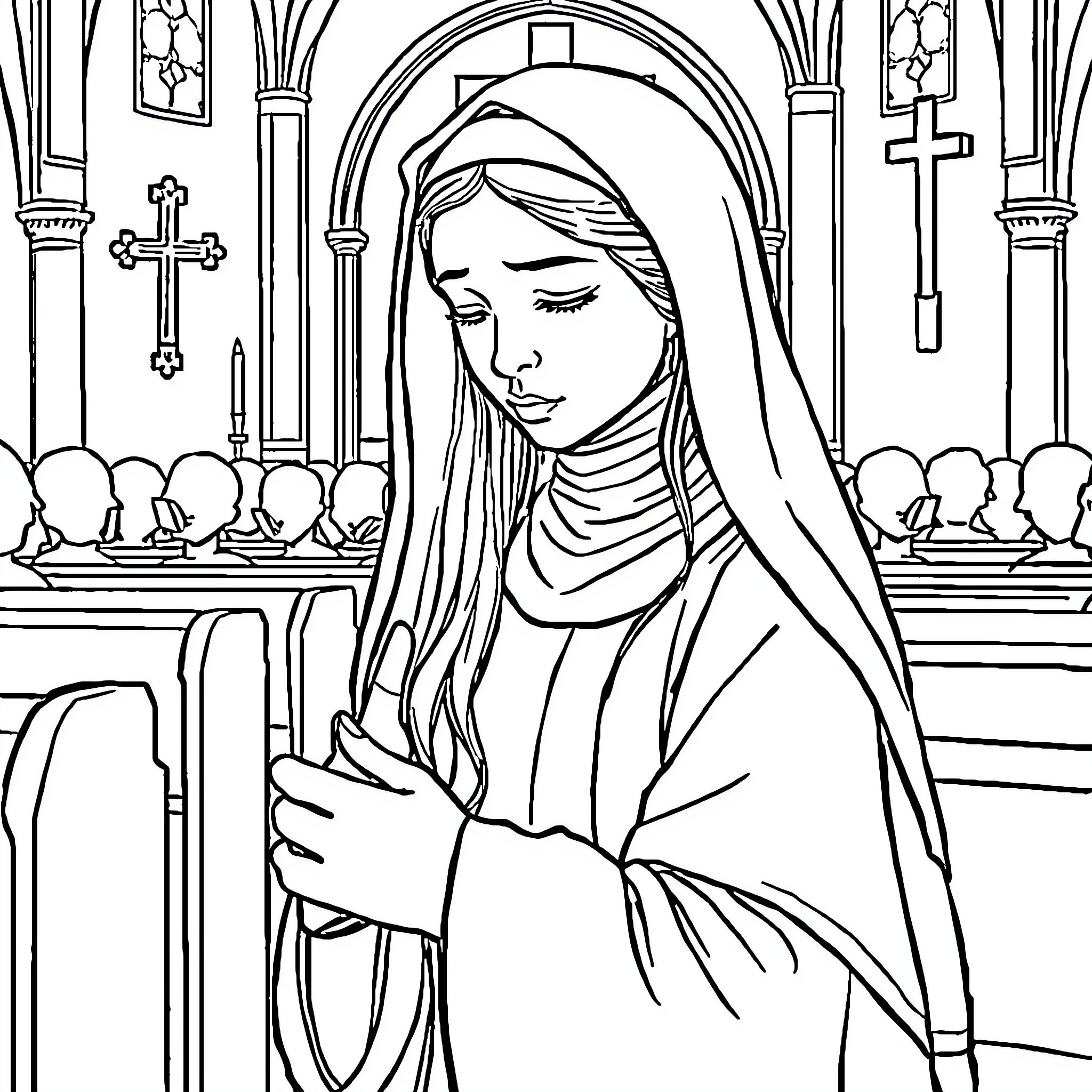 Monk in solemn prayer at church altar Coloring Page (free black-and-white line drawing printable PDF for all, from beginners to advanced learners, including children, teens, adults, and seniors)