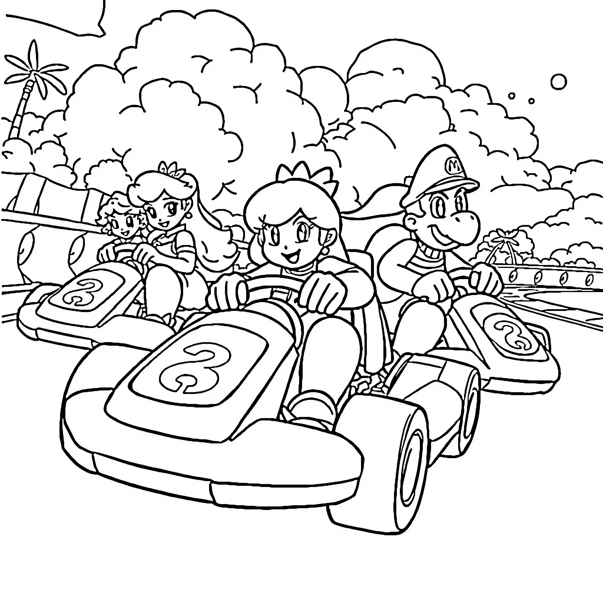 Blastoise racing with friends in karts Coloring Page (free black-and-white line drawing printable PDF for all, from beginners to advanced learners, including children, teens, adults, and seniors)