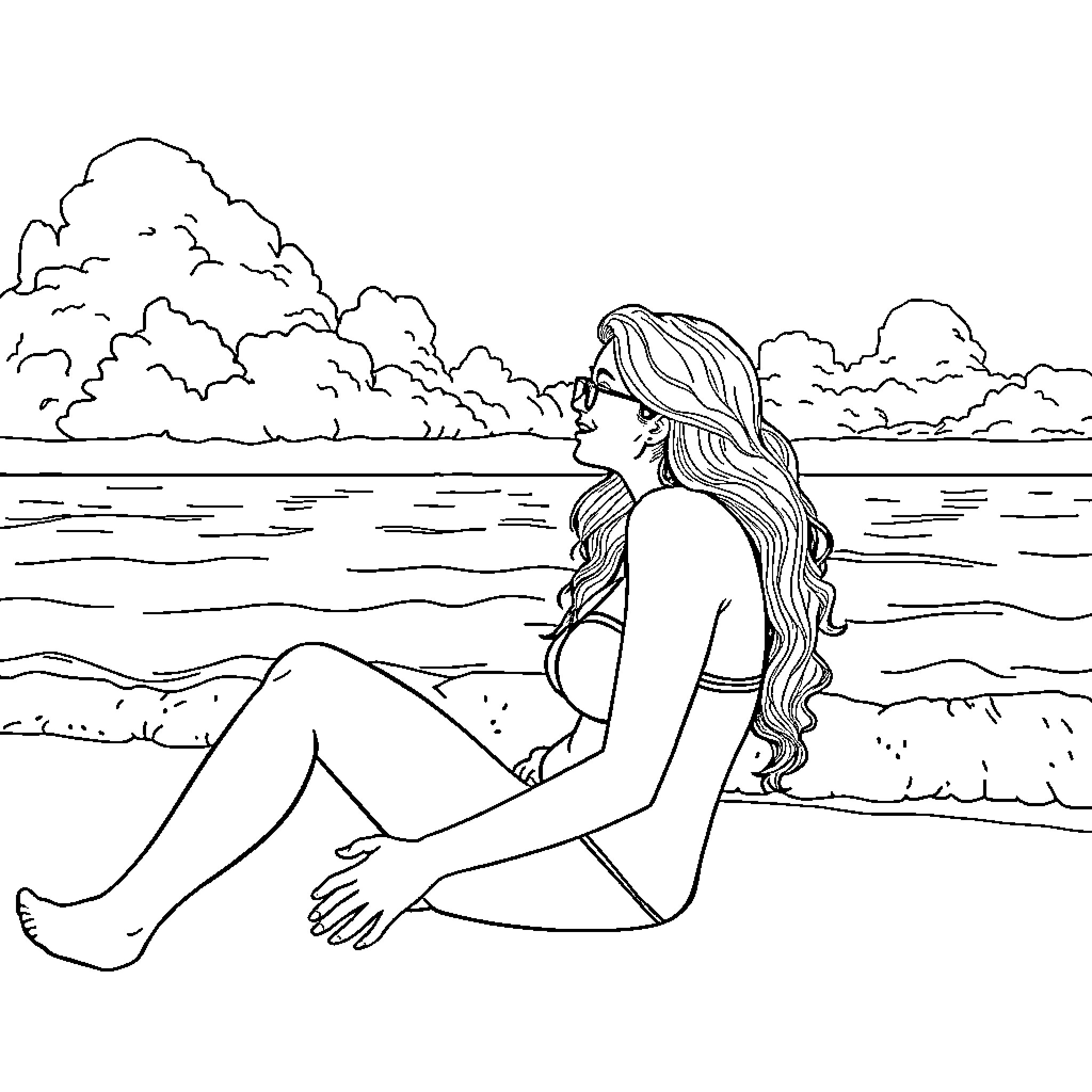 Renhe Relaxing by the Serene Lake Coloring Page (free black-and-white line drawing printable PDF for all, from beginners to advanced learners, including children, teens, adults, and seniors)