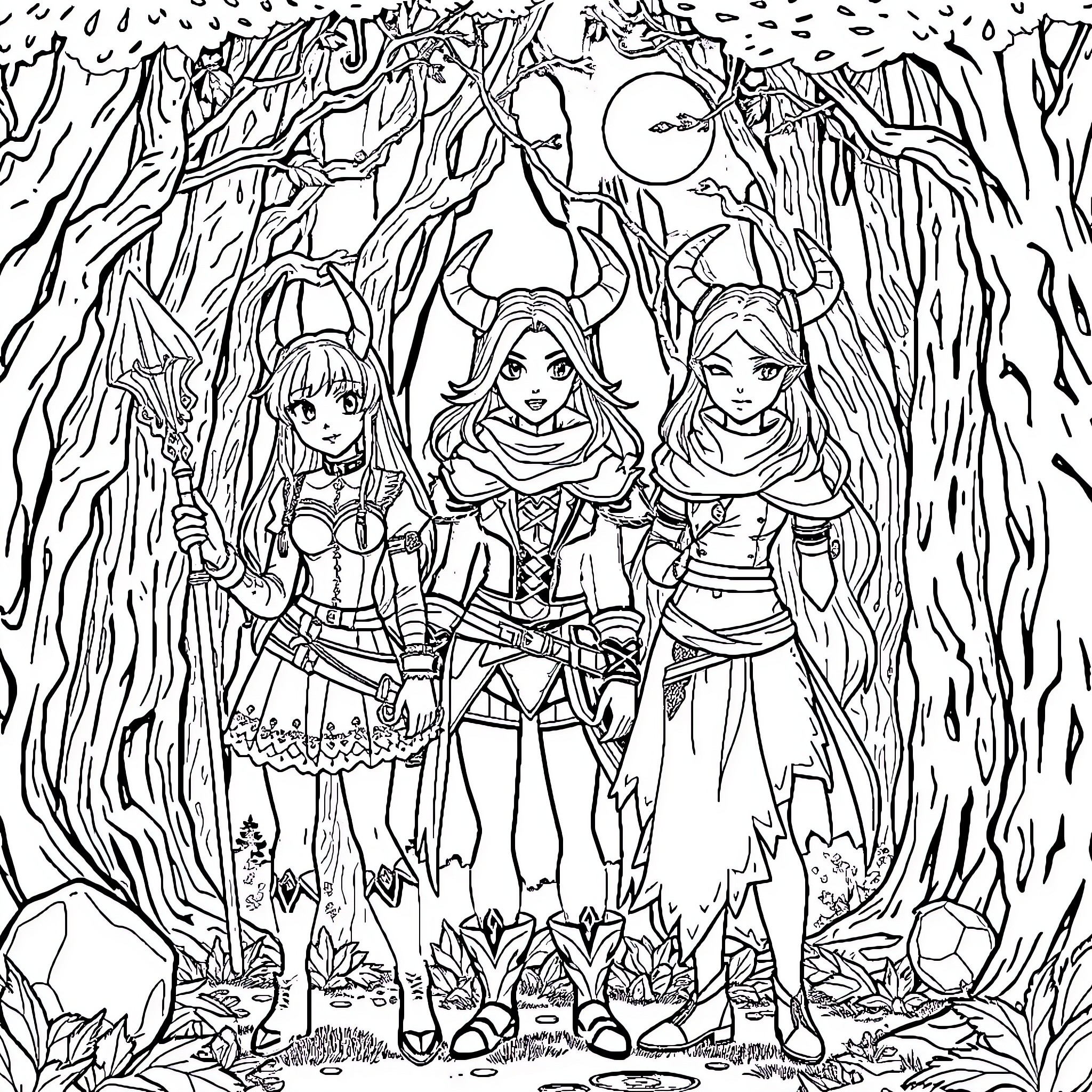 Rumi's Fantastical Adventure in the Enchanted Forest Coloring Page (free black-and-white line drawing printable PDF for all, from beginners to advanced learners, including children, teens, adults, and seniors)