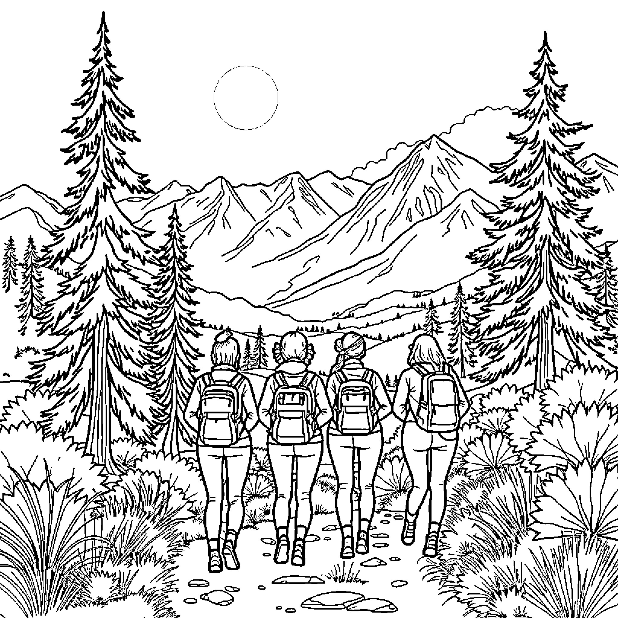 Mom and family enjoying nature hike in mountains Coloring Page (free black-and-white line drawing printable PDF for all, from beginners to advanced learners, including children, teens, adults, and seniors)