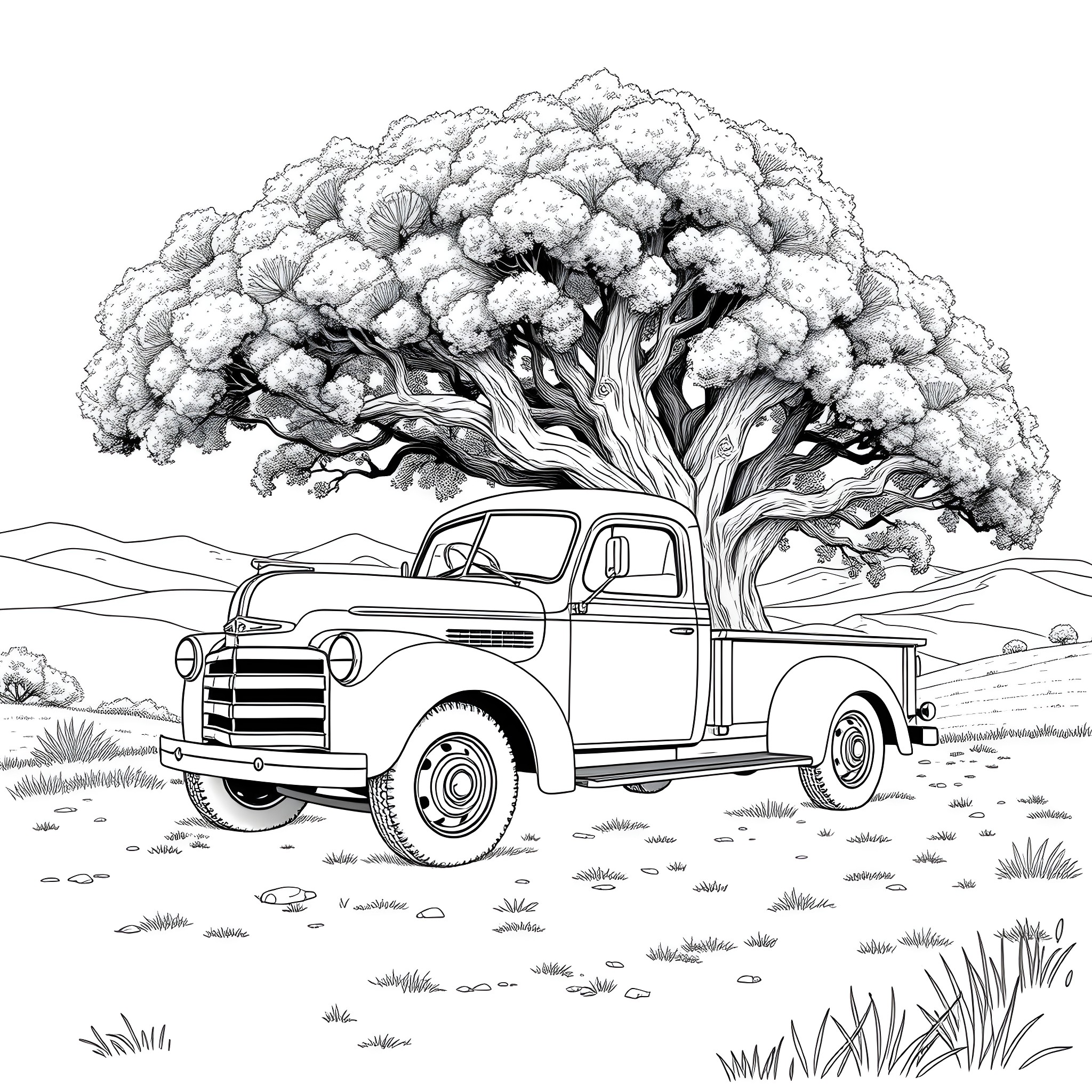 Truck parked under a magnificent tree Coloring Page (free black-and-white line drawing printable PDF for all, from beginners to advanced learners, including children, teens, adults, and seniors)