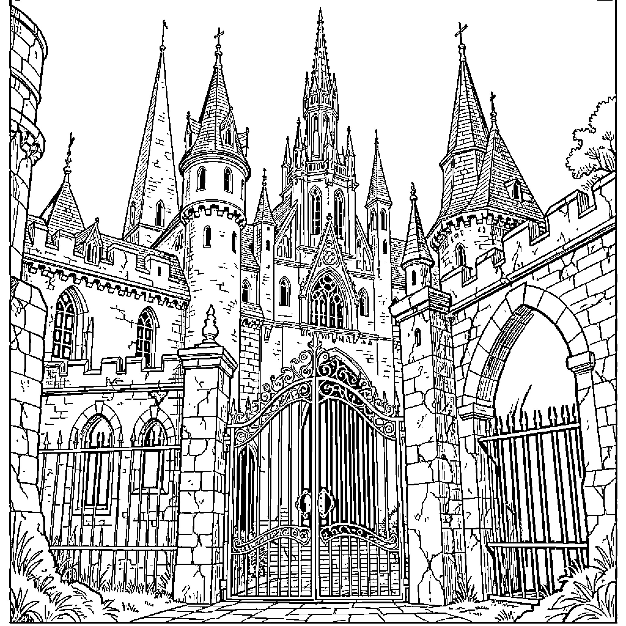 Castle standing tall behind grand decorative gates Coloring Page (free black-and-white line drawing printable PDF for all, from beginners to advanced learners, including children, teens, adults, and seniors)