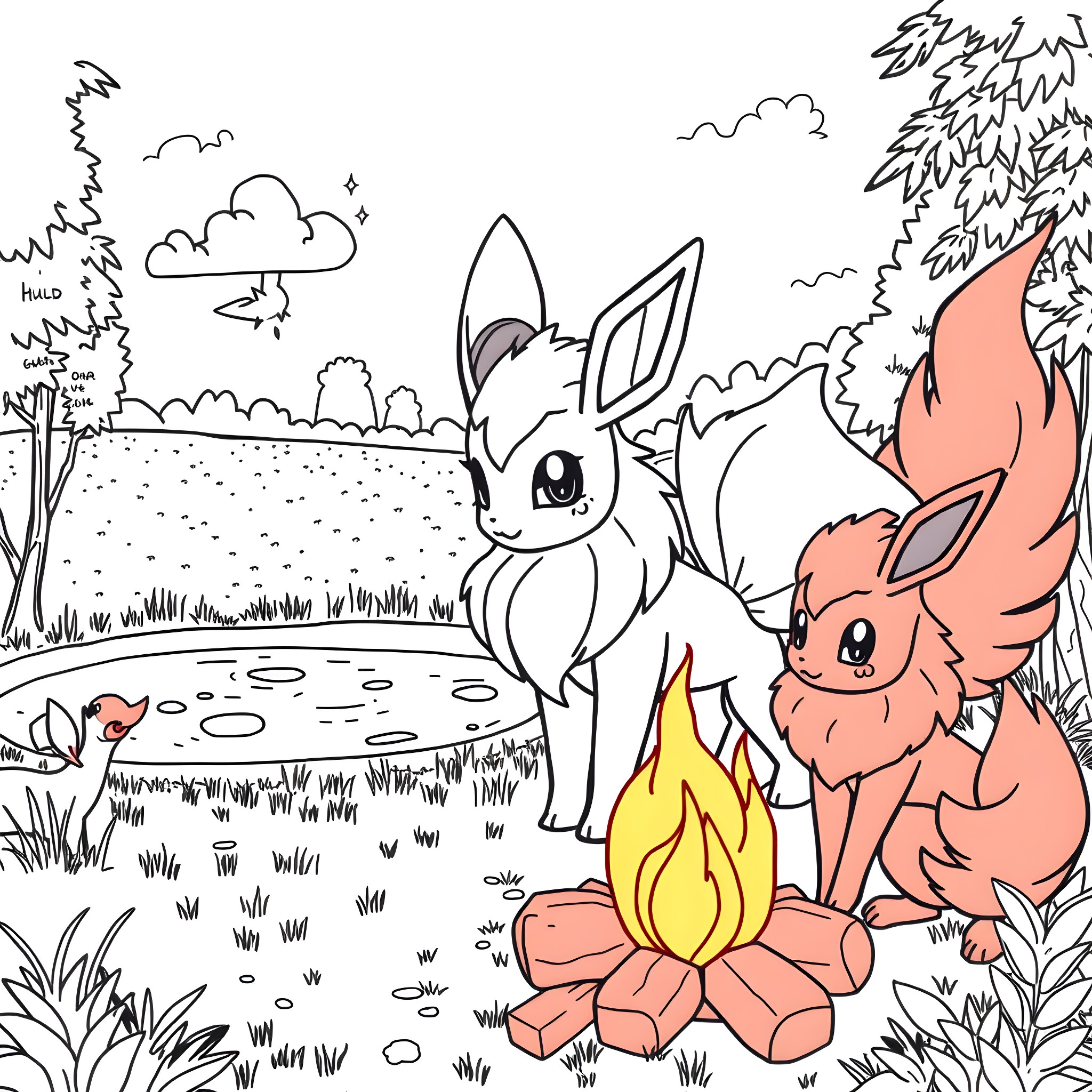 Evoli and Flareon playing by a campfire in the forest Coloring Page (free black-and-white line drawing printable PDF for all, from beginners to advanced learners, including children, teens, adults, and seniors)