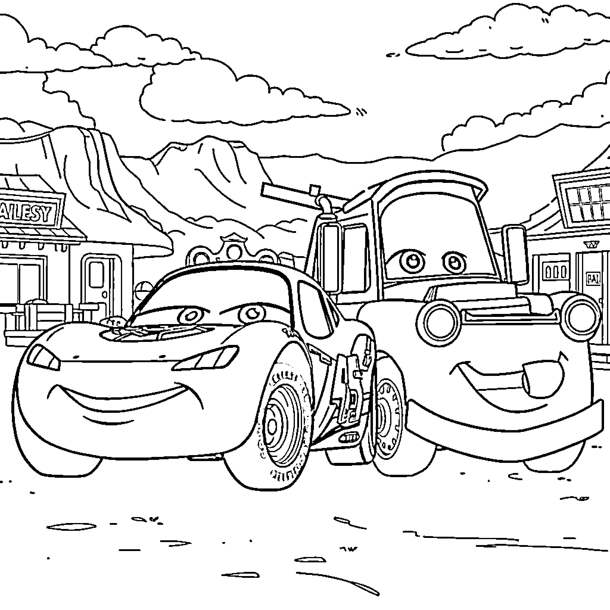 Car characters in a cartoon town landscape Coloring Page (free black-and-white line drawing printable PDF for all, from beginners to advanced learners, including children, teens, adults, and seniors)