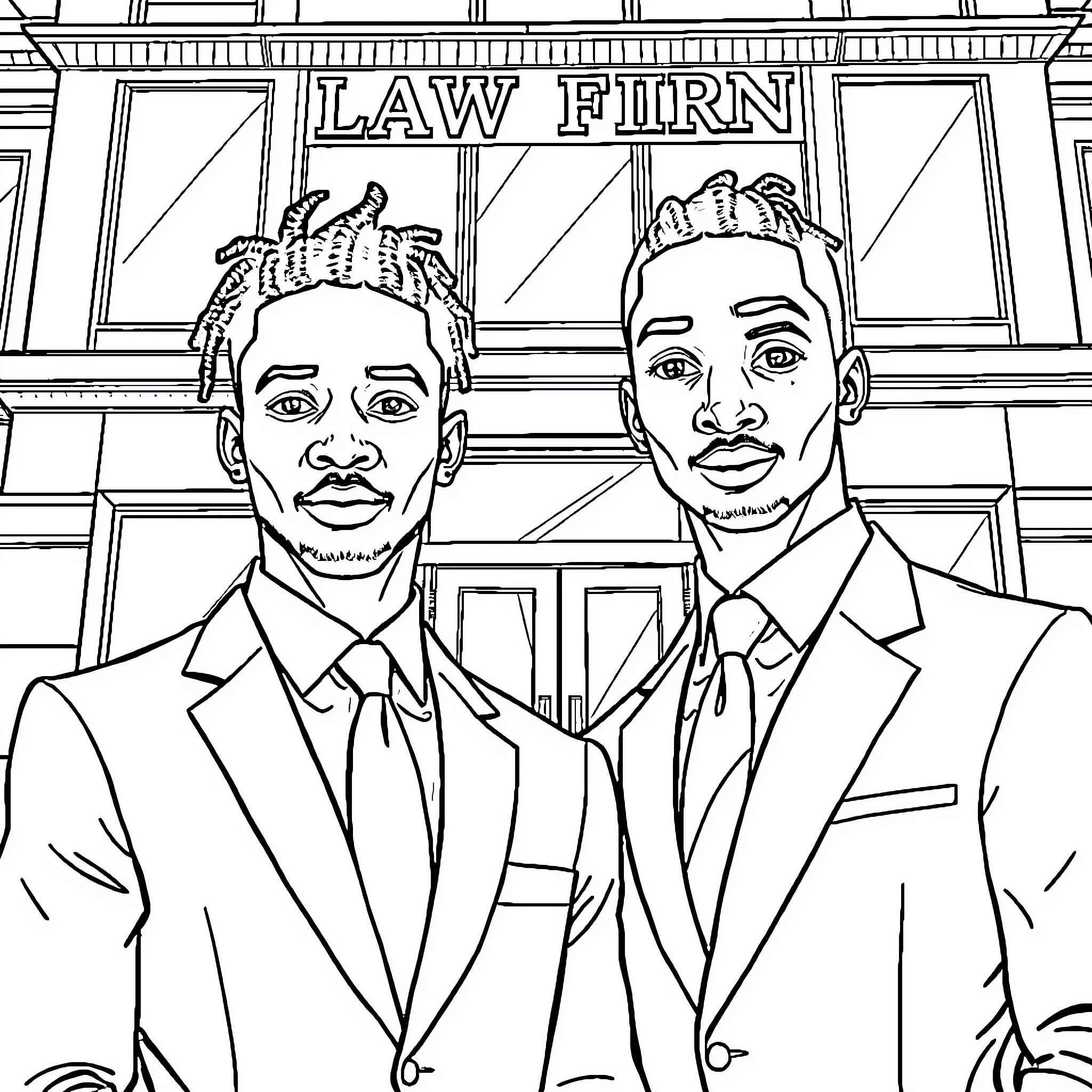 Men in suits standing outside a law firm Coloring Page (free black-and-white line drawing printable PDF for all, from beginners to advanced learners, including children, teens, adults, and seniors)