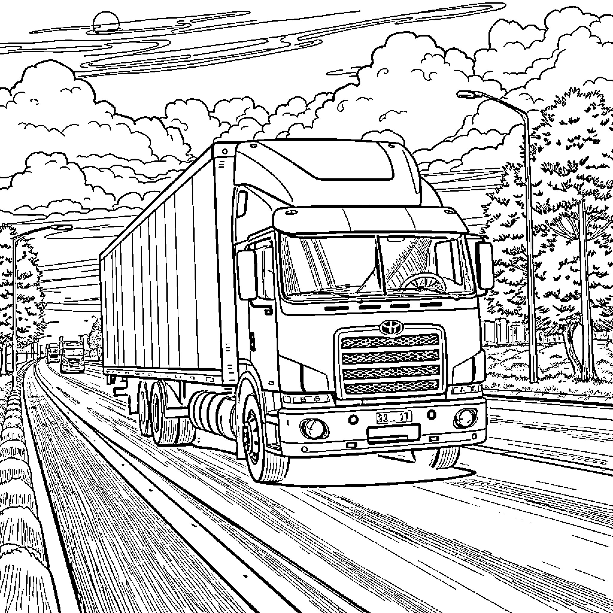 Truck driving on a scenic highway through the countryside Coloring Page (free black-and-white line drawing printable PDF for all, from beginners to advanced learners, including children, teens, adults, and seniors)