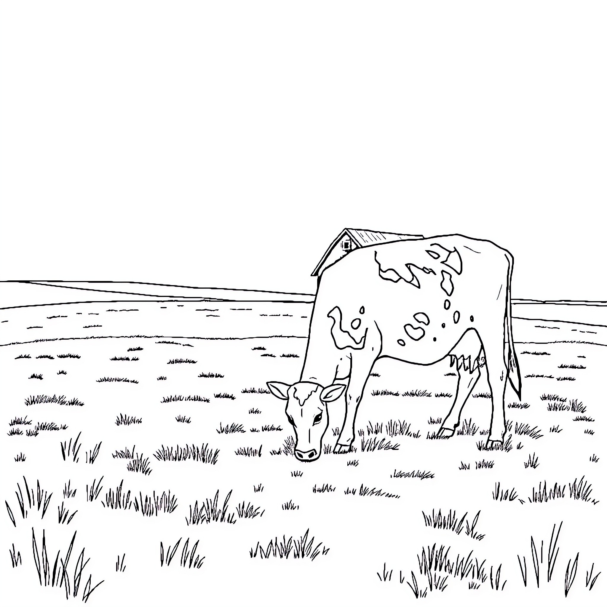 Cow grazing peacefully in a pastoral landscape Coloring Page (free black-and-white line drawing printable PDF for all, from beginners to advanced learners, including children, teens, adults, and seniors)