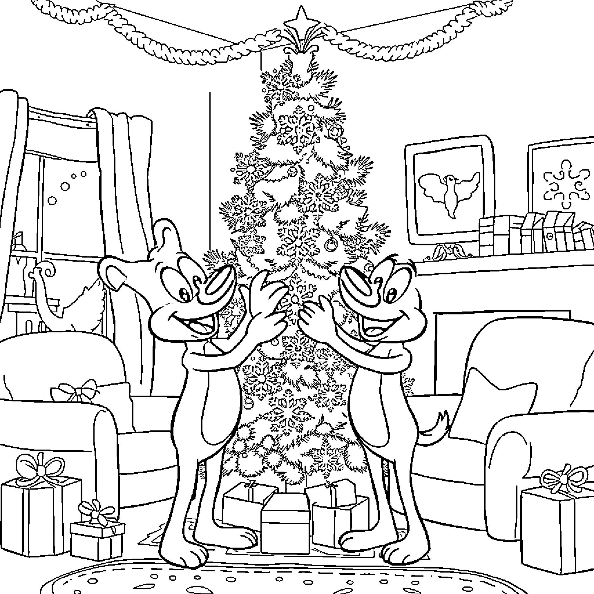 Bluey's Christmas Celebration Coloring Page (free black-and-white line drawing printable PDF for all, from beginners to advanced learners, including children, teens, adults, and seniors)