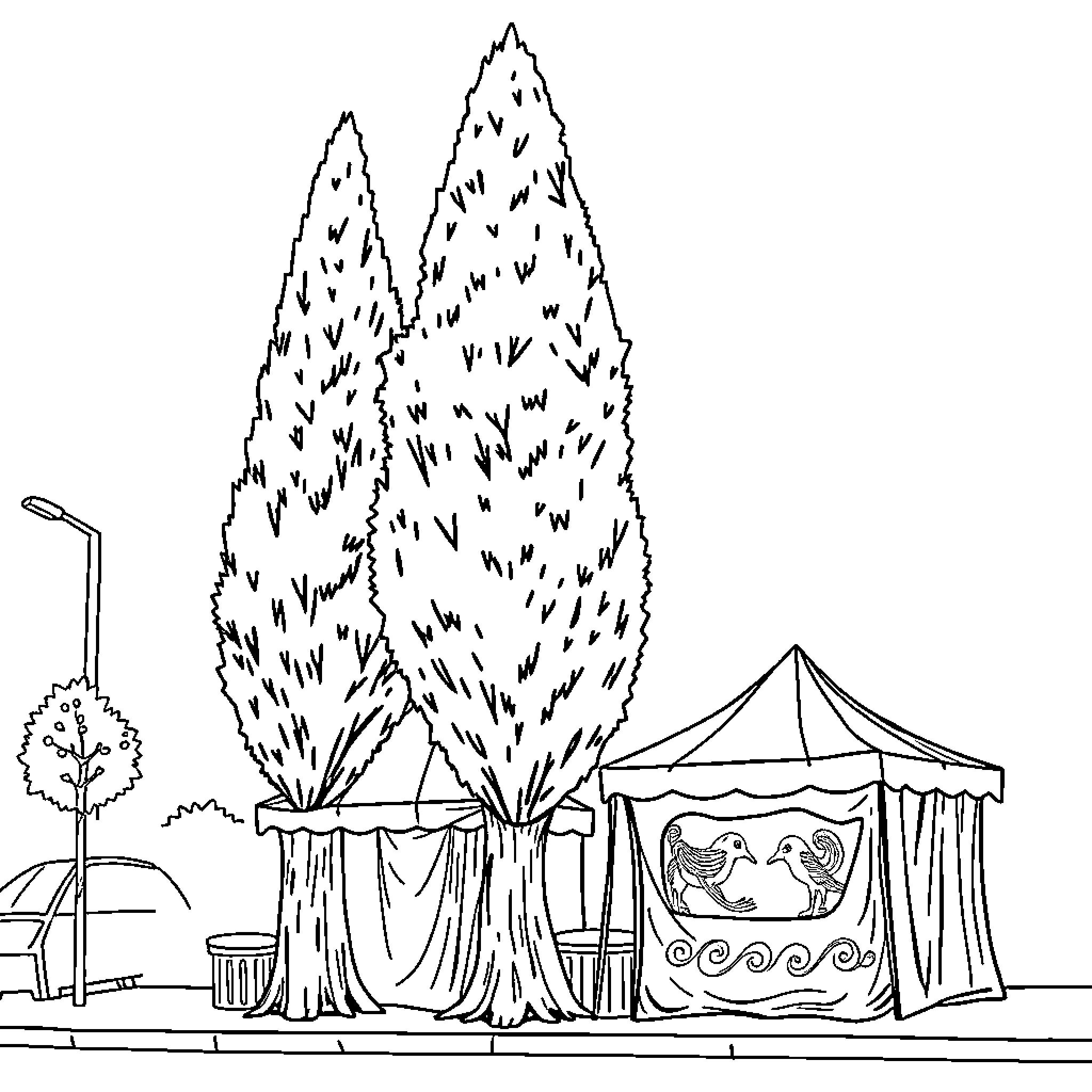 Tree-lined scene with outdoor tent display Coloring Page (free black-and-white line drawing printable PDF for all, from beginners to advanced learners, including children, teens, adults, and seniors)