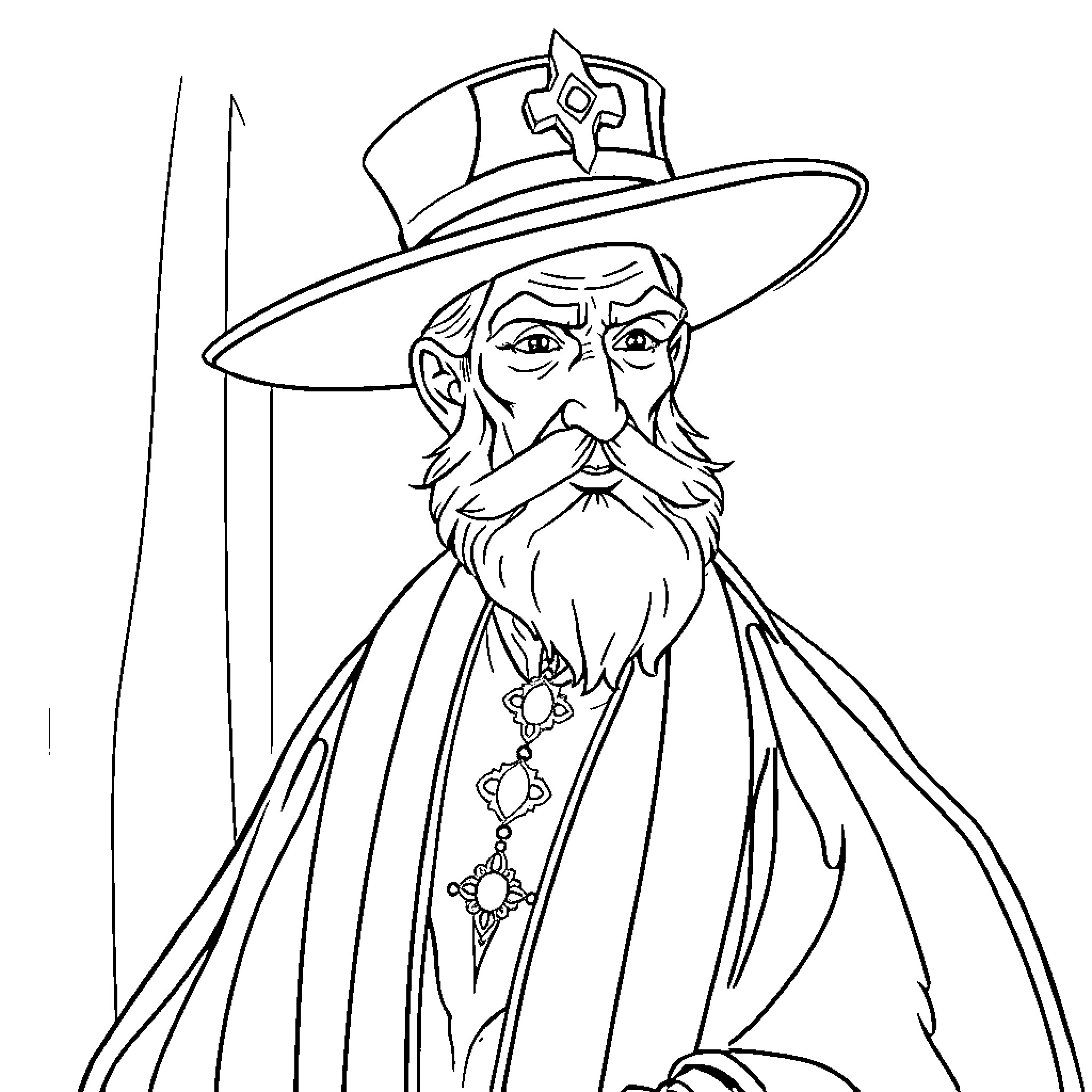 Seigneur Farouk in regal attire with intricate accessories Coloring Page (free black-and-white line drawing printable PDF for all, from beginners to advanced learners, including children, teens, adults, and seniors)