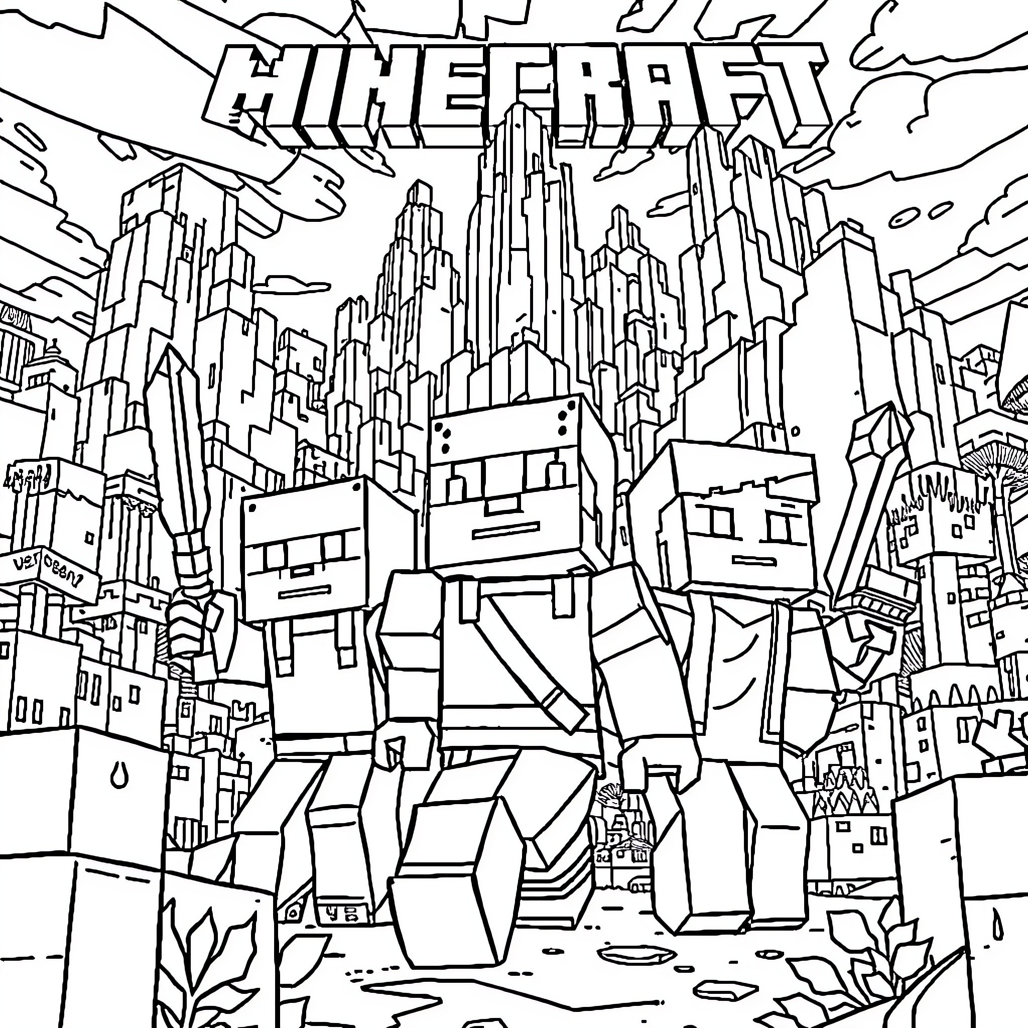 Minecraft cityscape with towering buildings Coloring Page (free black-and-white line drawing printable PDF for all, from beginners to advanced learners, including children, teens, adults, and seniors)