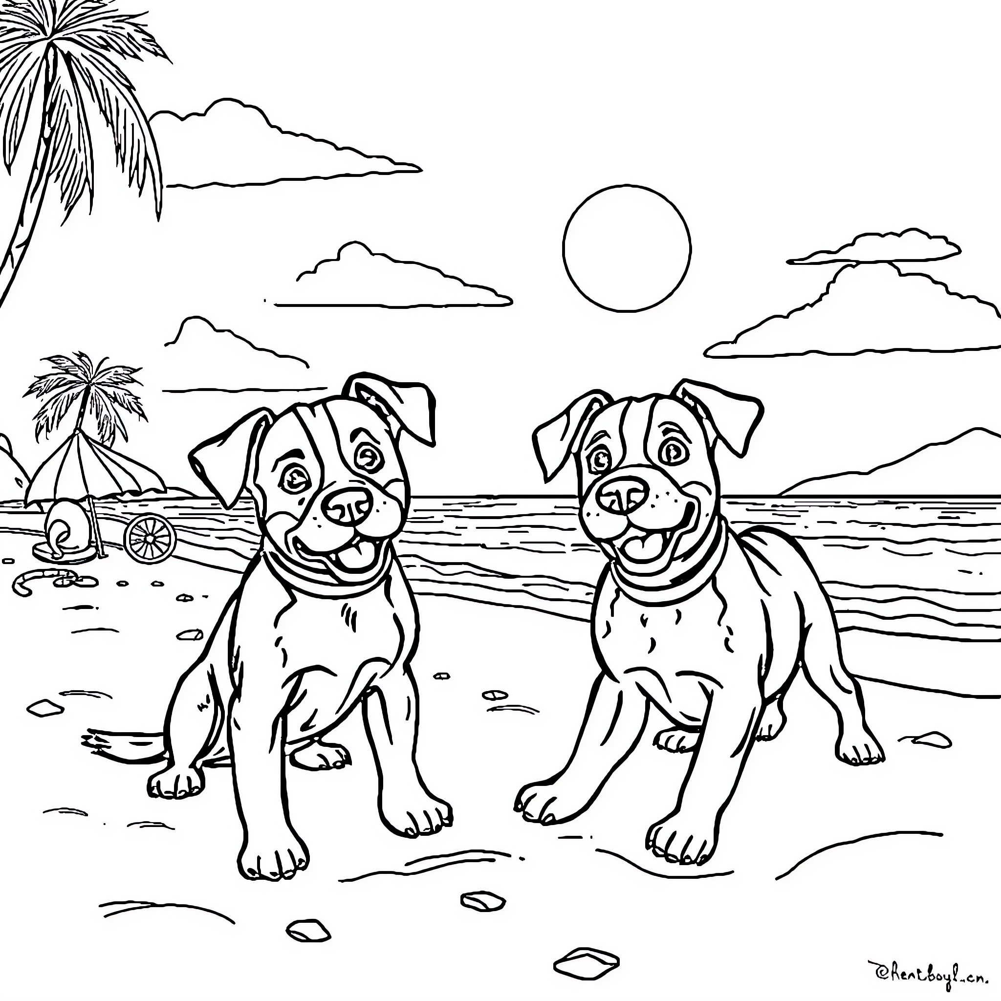 Perros playing happily on the beach Coloring Page (free black-and-white line drawing printable PDF for all, from beginners to advanced learners, including children, teens, adults, and seniors)