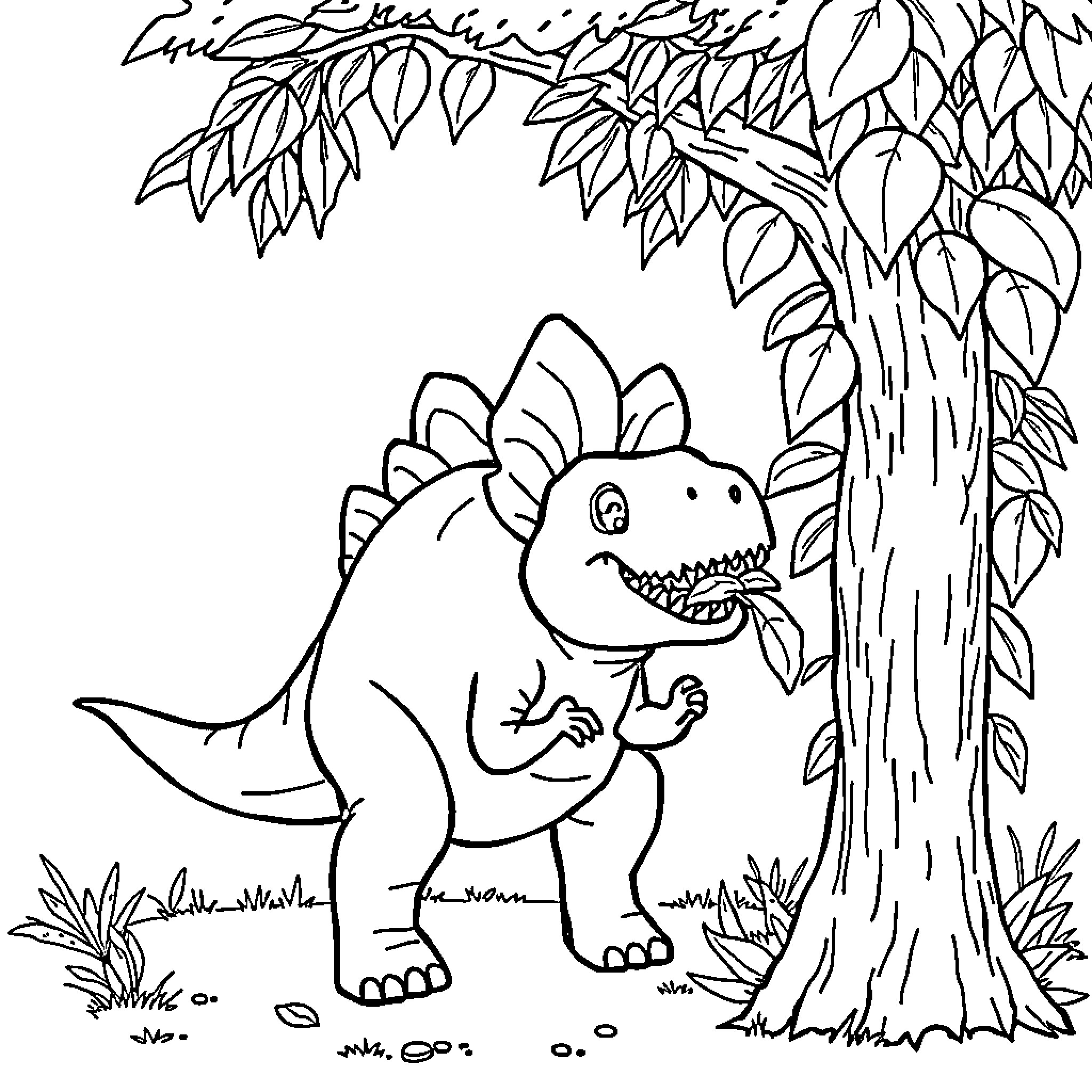 Stegosaurus exploring the lush forest landscape Coloring Page (free black-and-white line drawing printable PDF for all, from beginners to advanced learners, including children, teens, adults, and seniors)