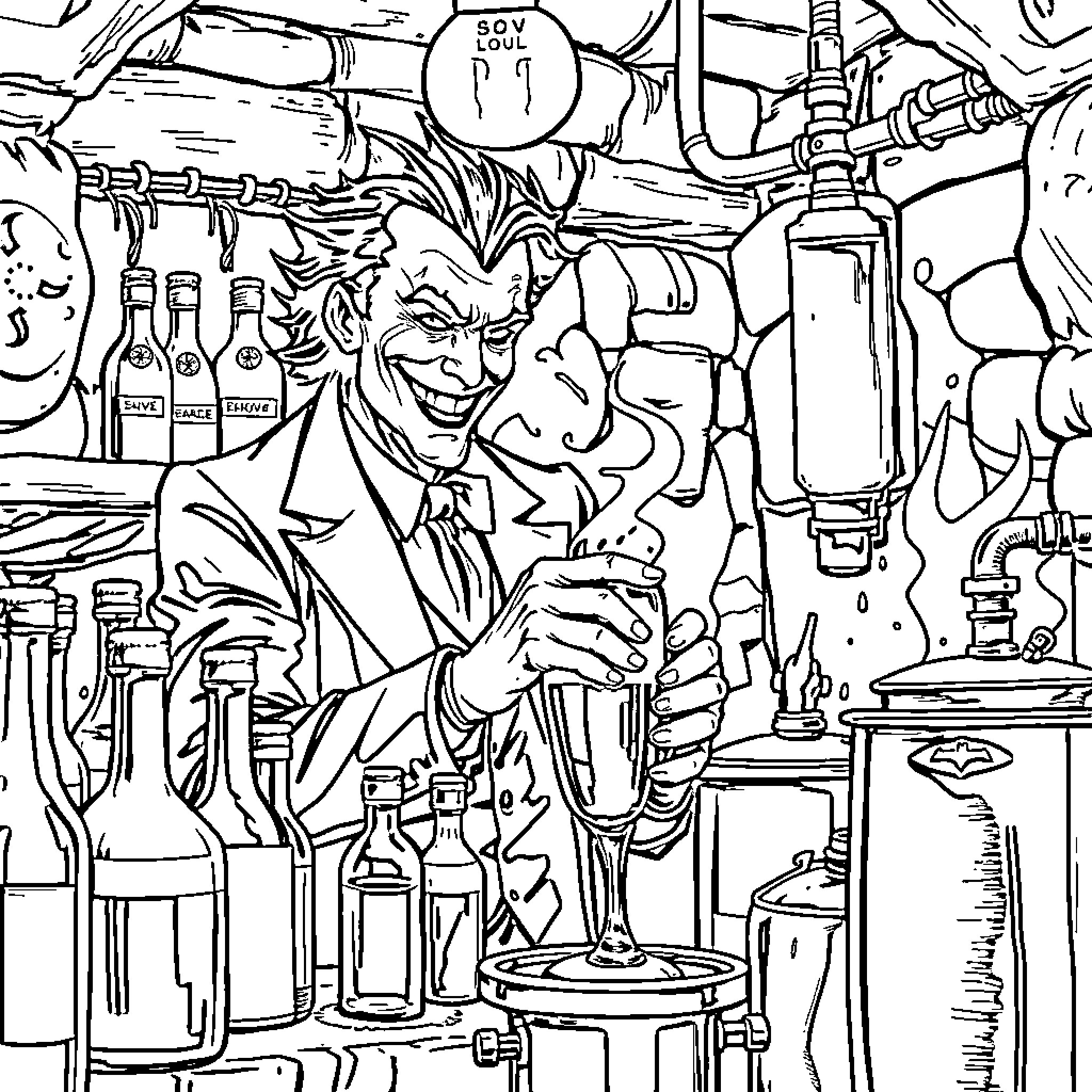 Joker's Mischievous Experiment in the Laboratory Coloring Page (free black-and-white line drawing printable PDF for all, from beginners to advanced learners, including children, teens, adults, and seniors)