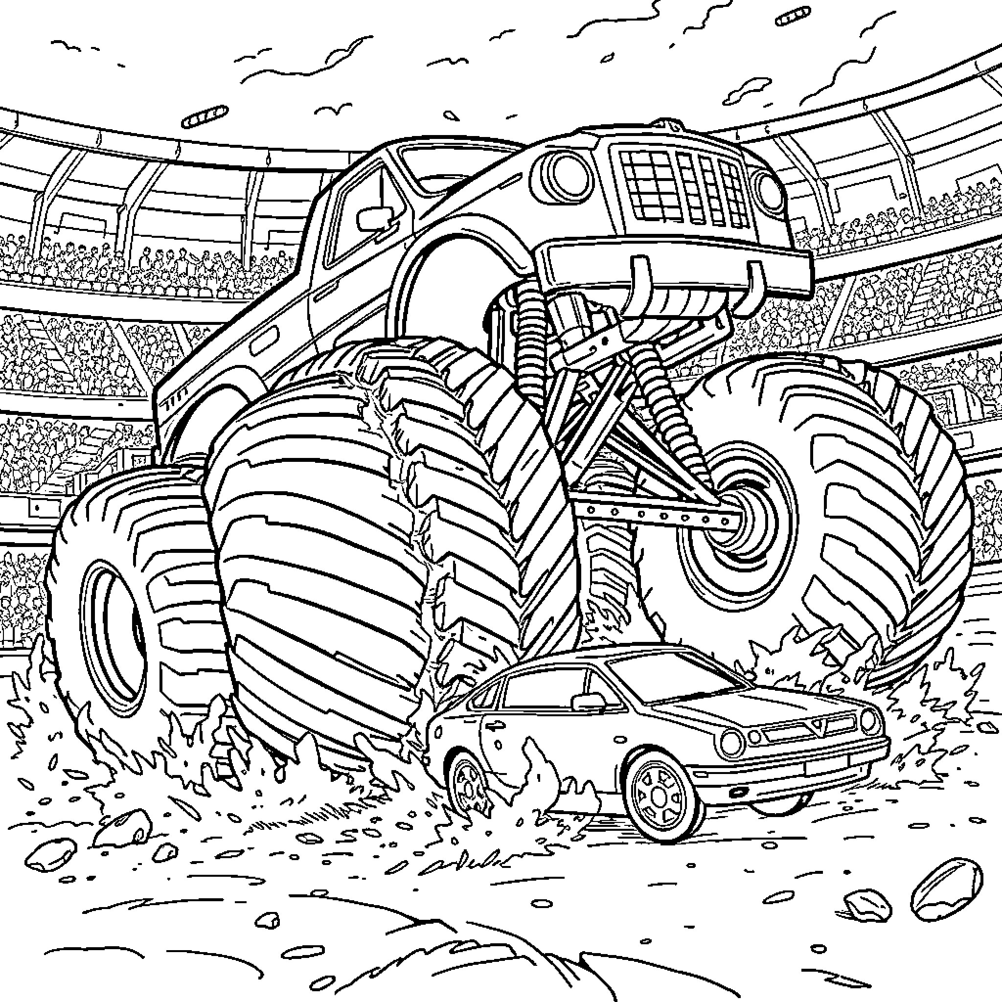 Monster Truck Crushing Cars in Raucous Stadium Coloring Page (free black-and-white line drawing printable PDF for all, from beginners to advanced learners, including children, teens, adults, and seniors)