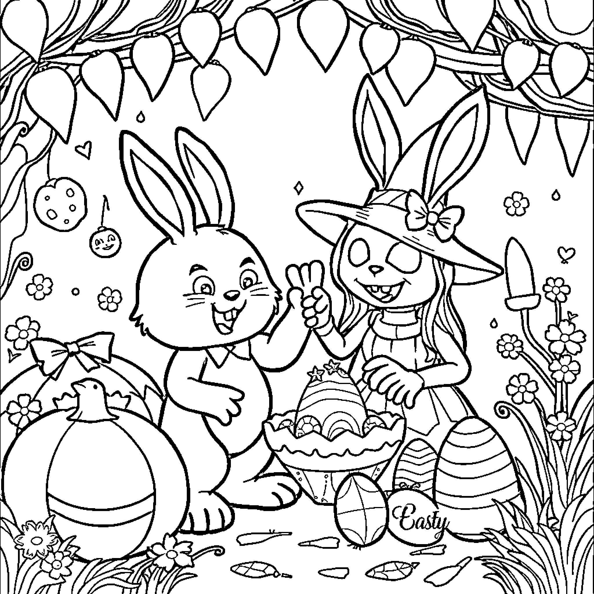 Easter Bunny and Girl Celebrating Holiday Fun Coloring Page (free black-and-white line drawing printable PDF for all, from beginners to advanced learners, including children, teens, adults, and seniors)