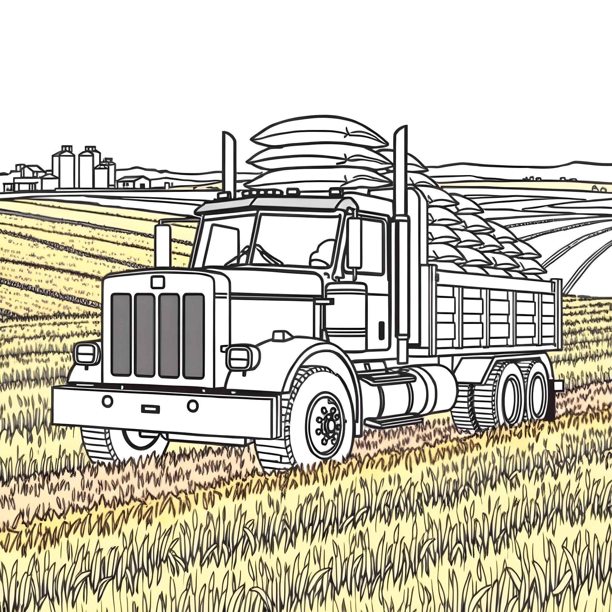 Grain Truck Transporting Harvest in Rural Countryside Coloring Page (free black-and-white line drawing printable PDF for all, from beginners to advanced learners, including children, teens, adults, and seniors)