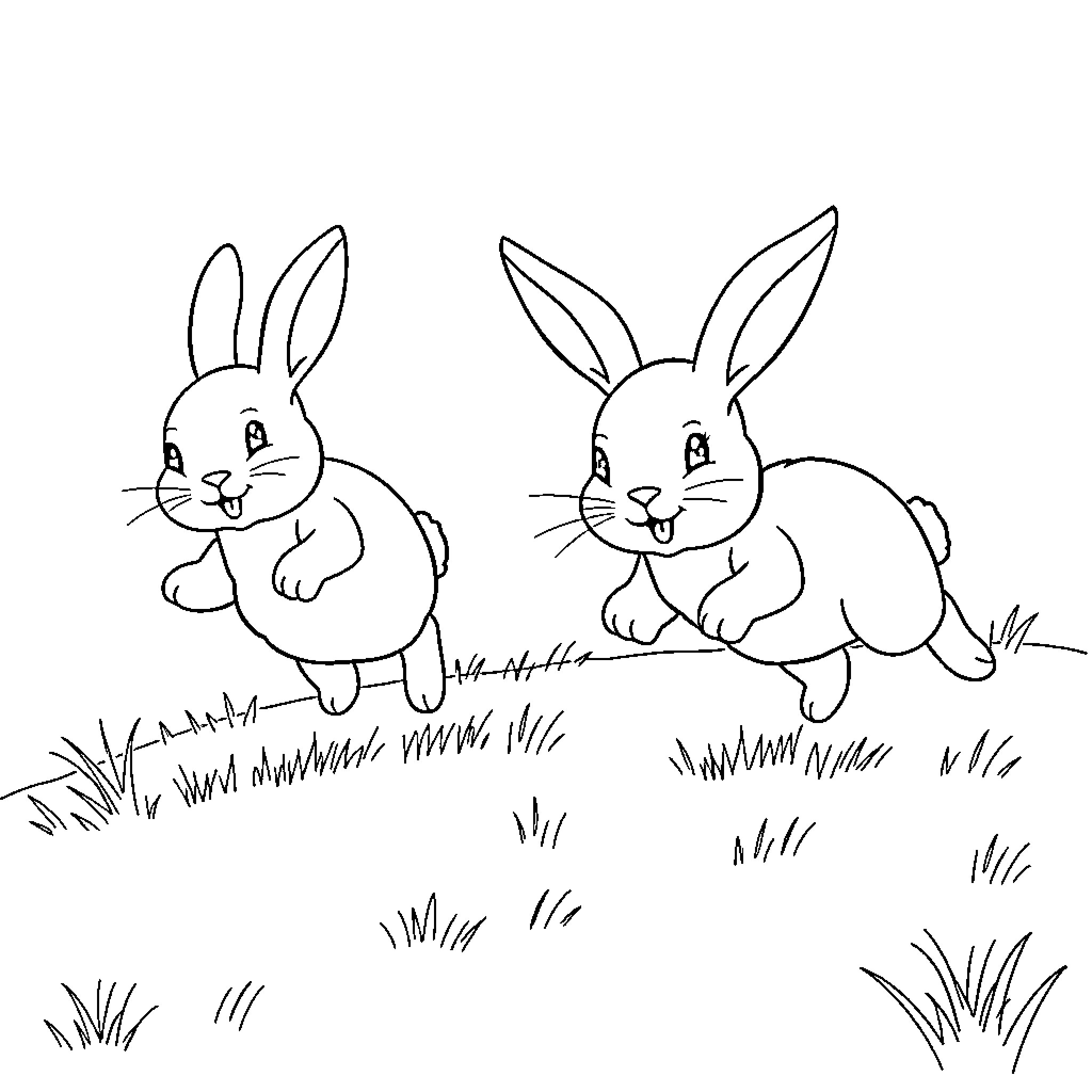 Bunny friends exploring the grassy meadow Coloring Page (free black-and-white line drawing printable PDF for all, from beginners to advanced learners, including children, teens, adults, and seniors)