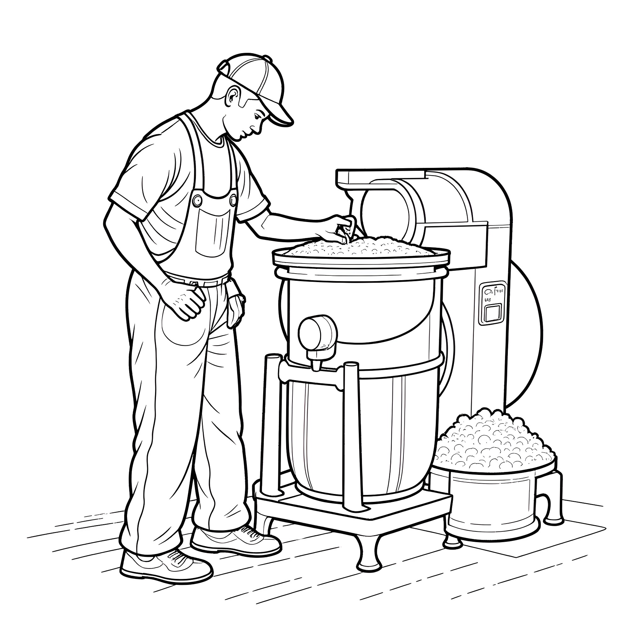 Factory Worker Operating Industrial Machinery Coloring Page (free black-and-white line drawing printable PDF for all, from beginners to advanced learners, including children, teens, adults, and seniors)