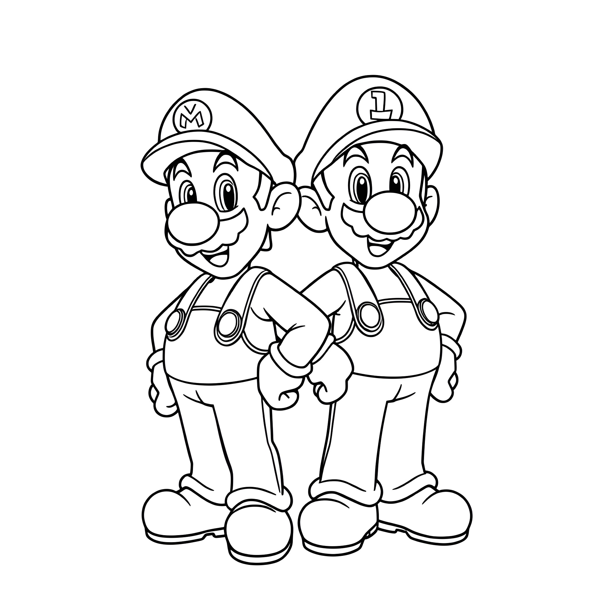 Mario and Luigi in their iconic outfits Coloring Page (free black-and-white line drawing printable PDF for all, from beginners to advanced learners, including children, teens, adults, and seniors)