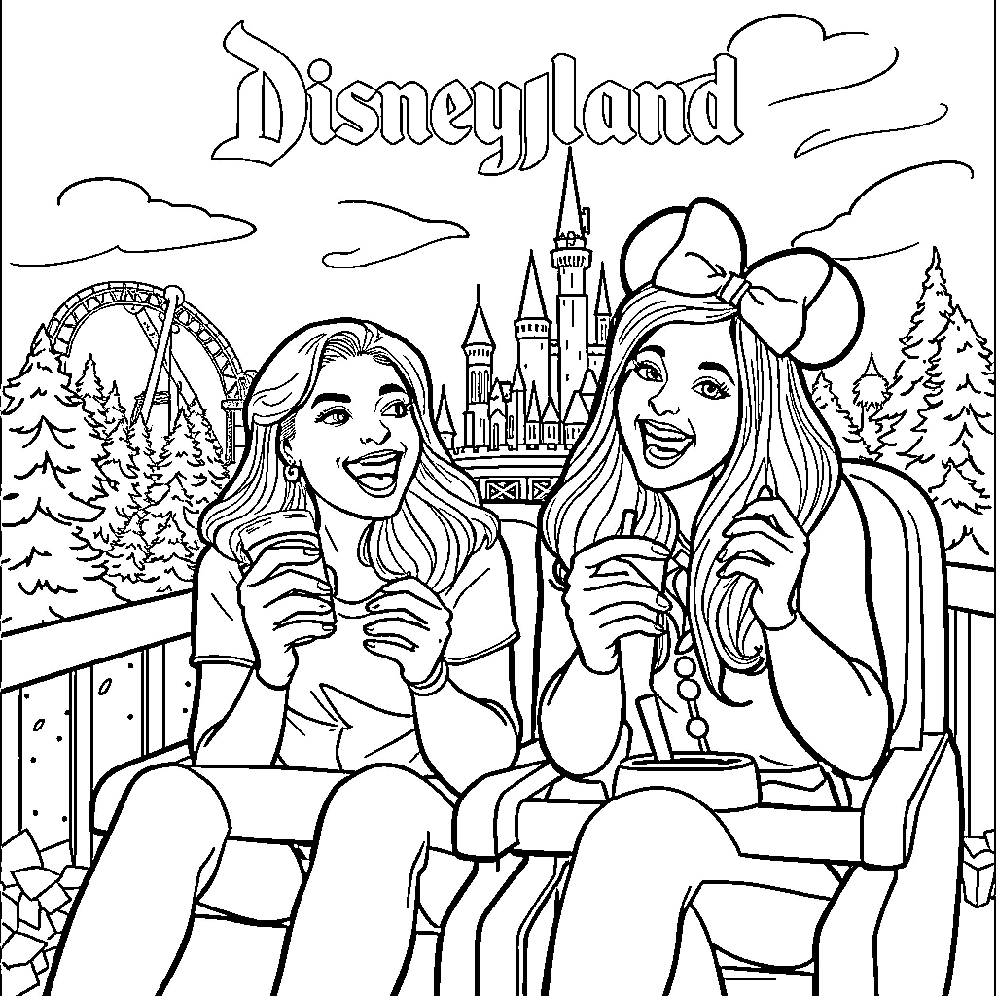 Disneyland - Friends Enjoying the Amusement Park Coloring Page (free black-and-white line drawing printable PDF for all, from beginners to advanced learners, including children, teens, adults, and seniors)