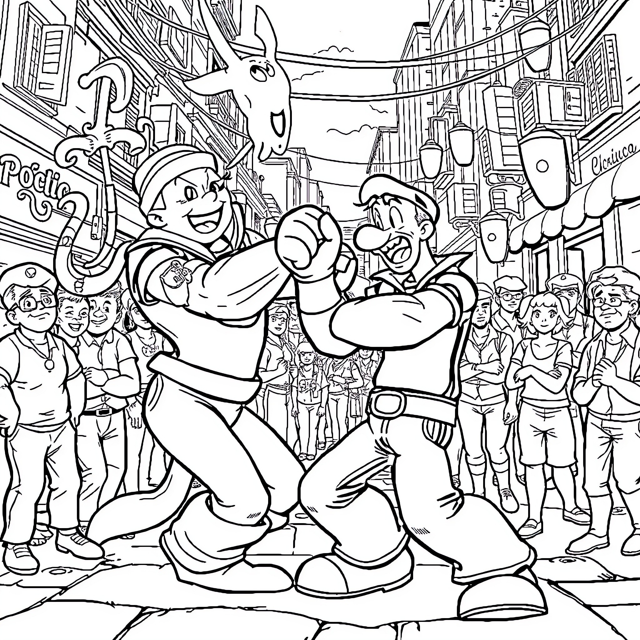 Popeye and Bluto's Friendly Fisticuffs in the City Coloring Page (free black-and-white line drawing printable PDF for all, from beginners to advanced learners, including children, teens, adults, and seniors)