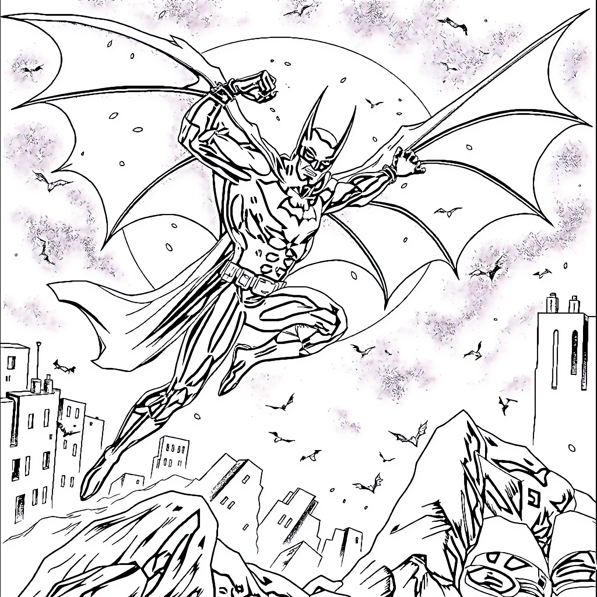 Nightwing soaring over the city with outstretched wings Coloring Page (free black-and-white line drawing printable PDF for all, from beginners to advanced learners, including children, teens, adults, and seniors)