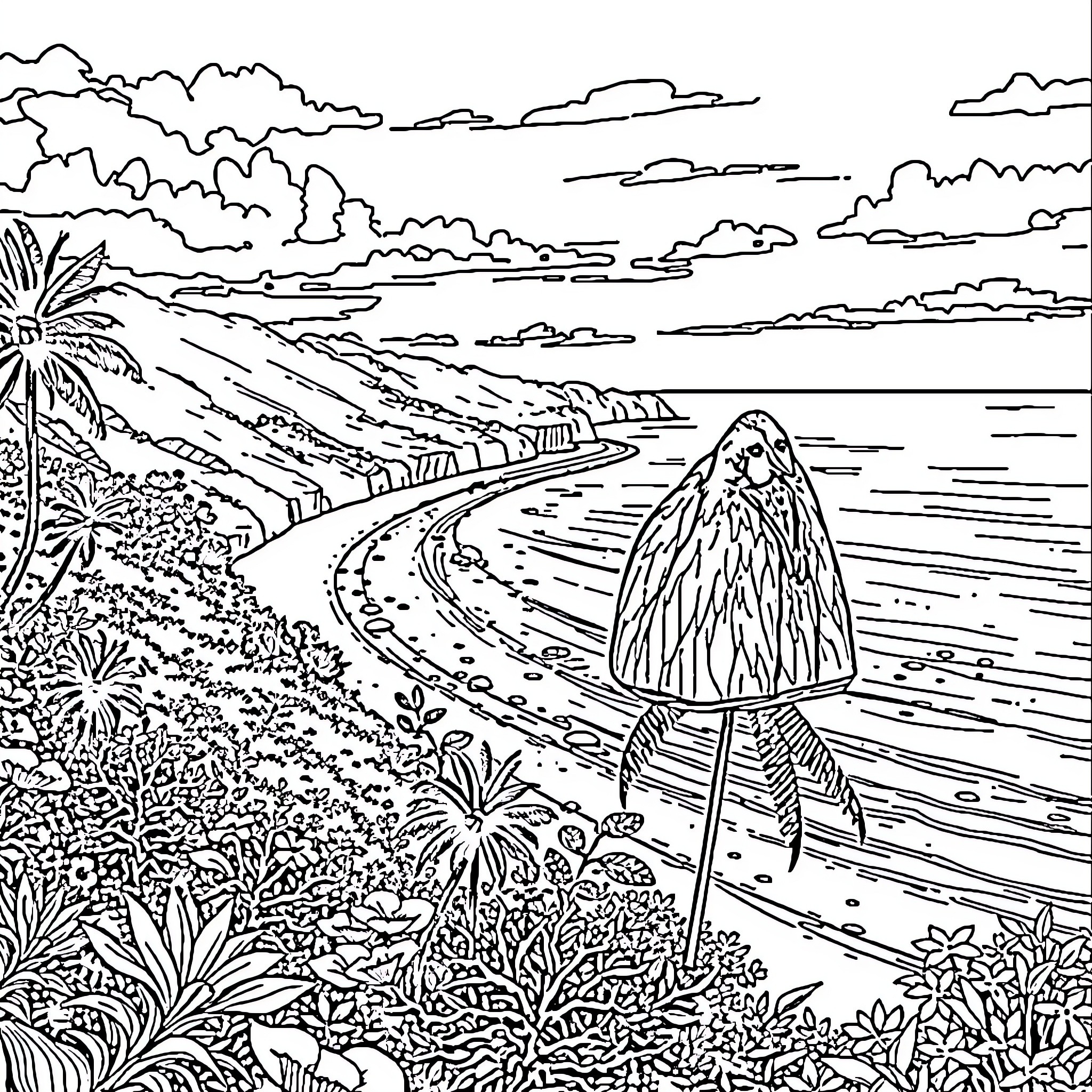 Beach scene with tropical plants and cloudy sky Coloring Page (free black-and-white line drawing printable PDF for all, from beginners to advanced learners, including children, teens, adults, and seniors)